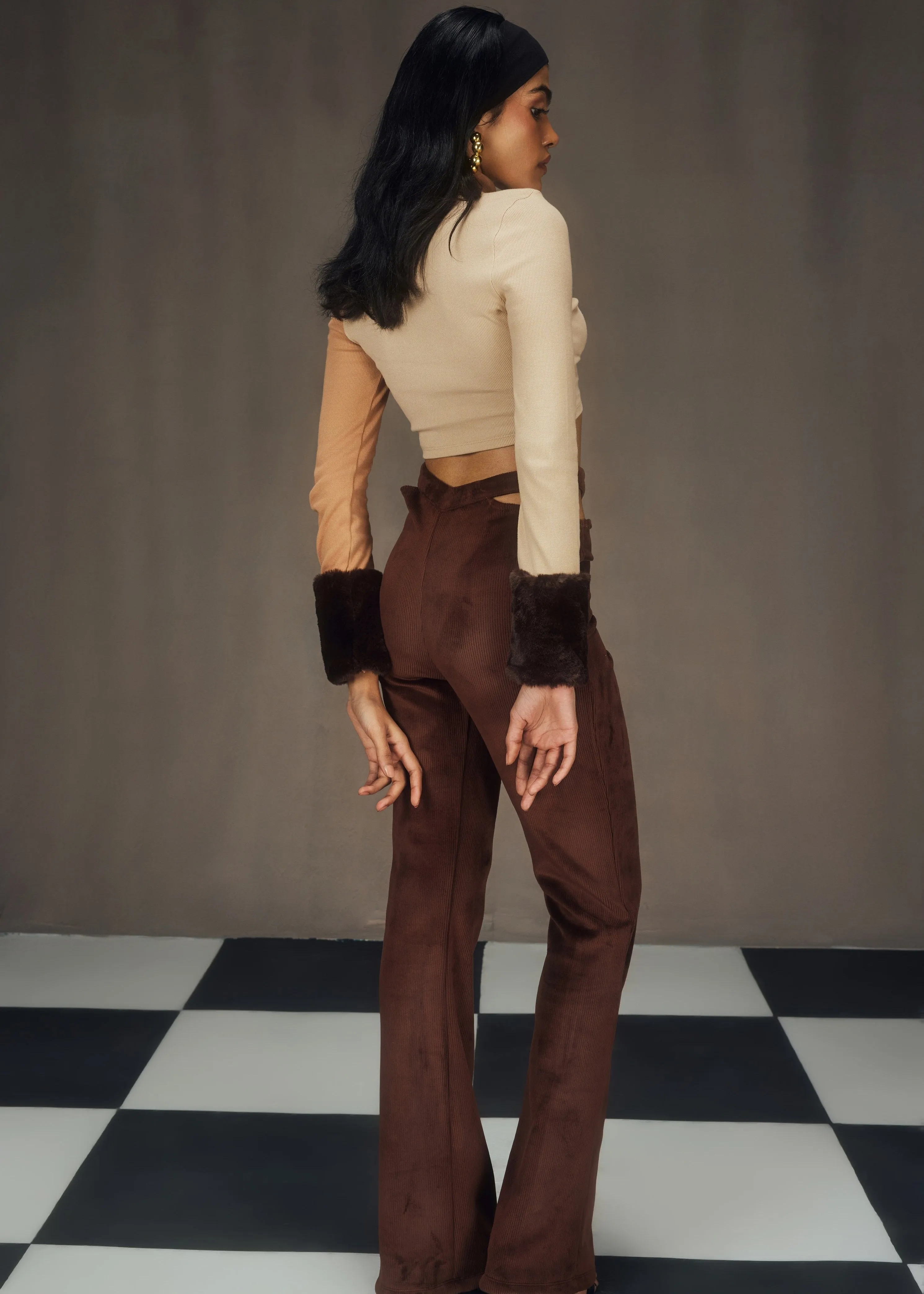 Autumn Turtle Neck Cutout Crop Top and Textured Velvet Pants Set