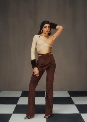 Autumn Turtle Neck Cutout Crop Top and Textured Velvet Pants Set