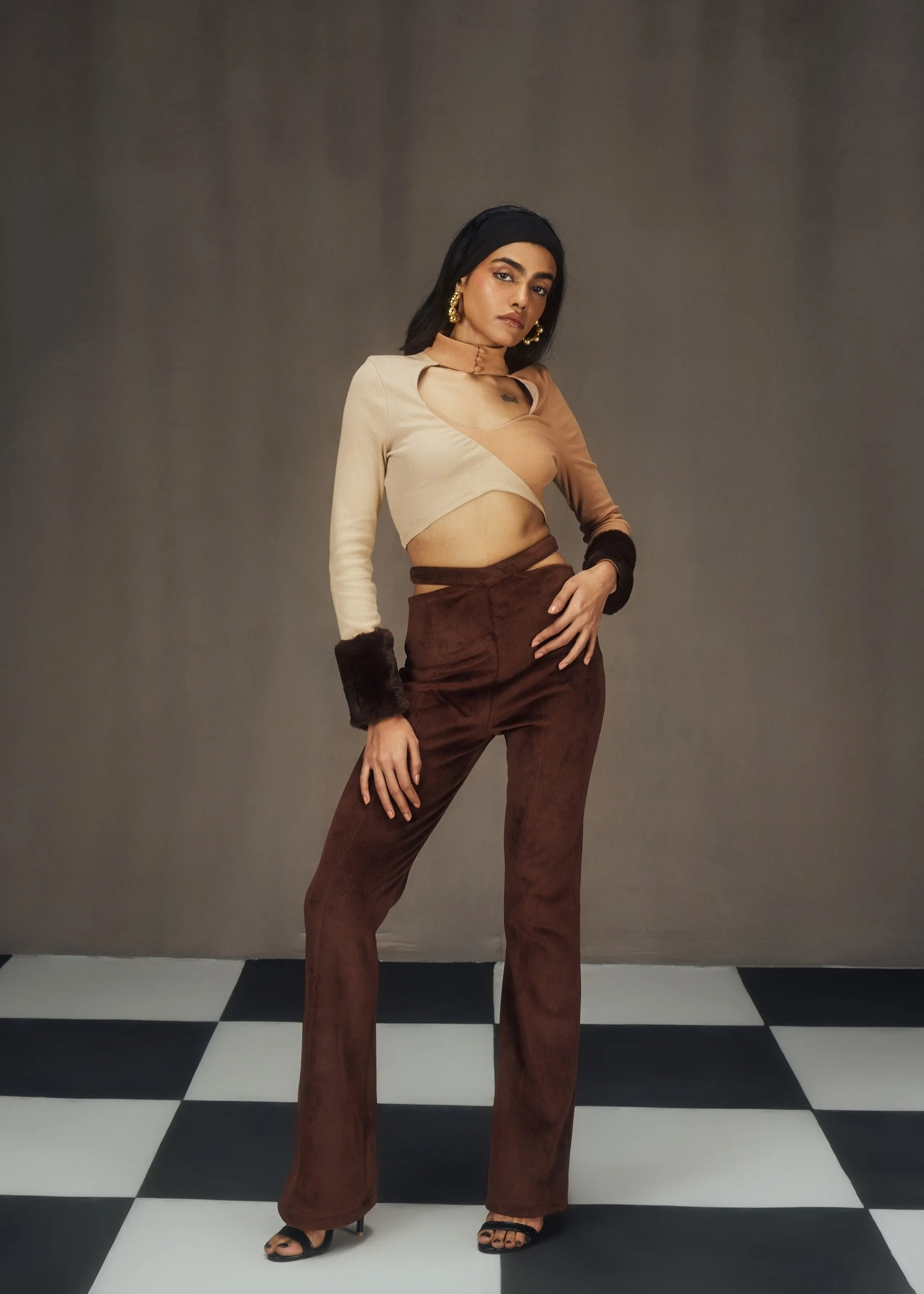 Autumn Turtle Neck Cutout Crop Top and Textured Velvet Pants Set