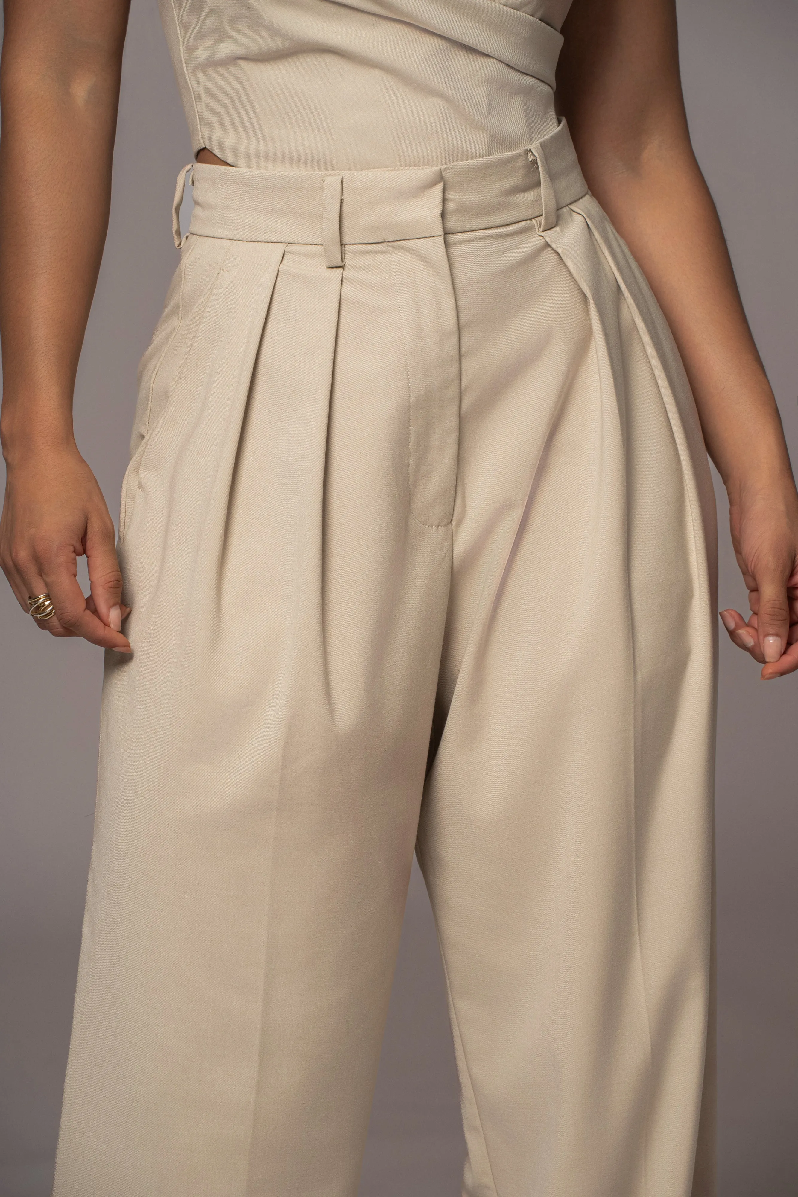 Beige Power Hour High Waist Trousers