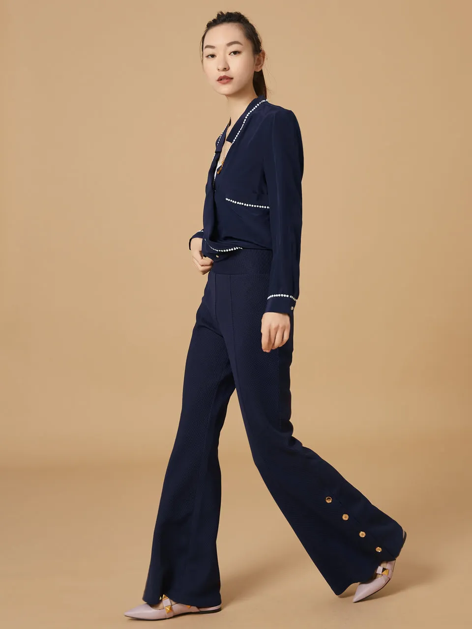 Best Seller! Modern Navy Flare Leg Pull On Button Pants