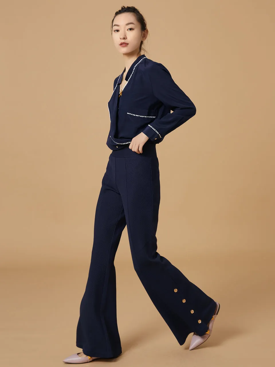 Best Seller! Modern Navy Flare Leg Pull On Button Pants