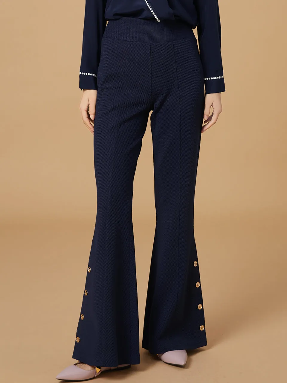 Best Seller! Modern Navy Flare Leg Pull On Button Pants