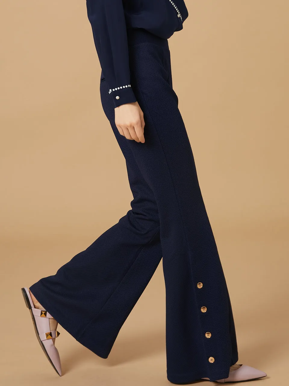 Best Seller! Modern Navy Flare Leg Pull On Button Pants