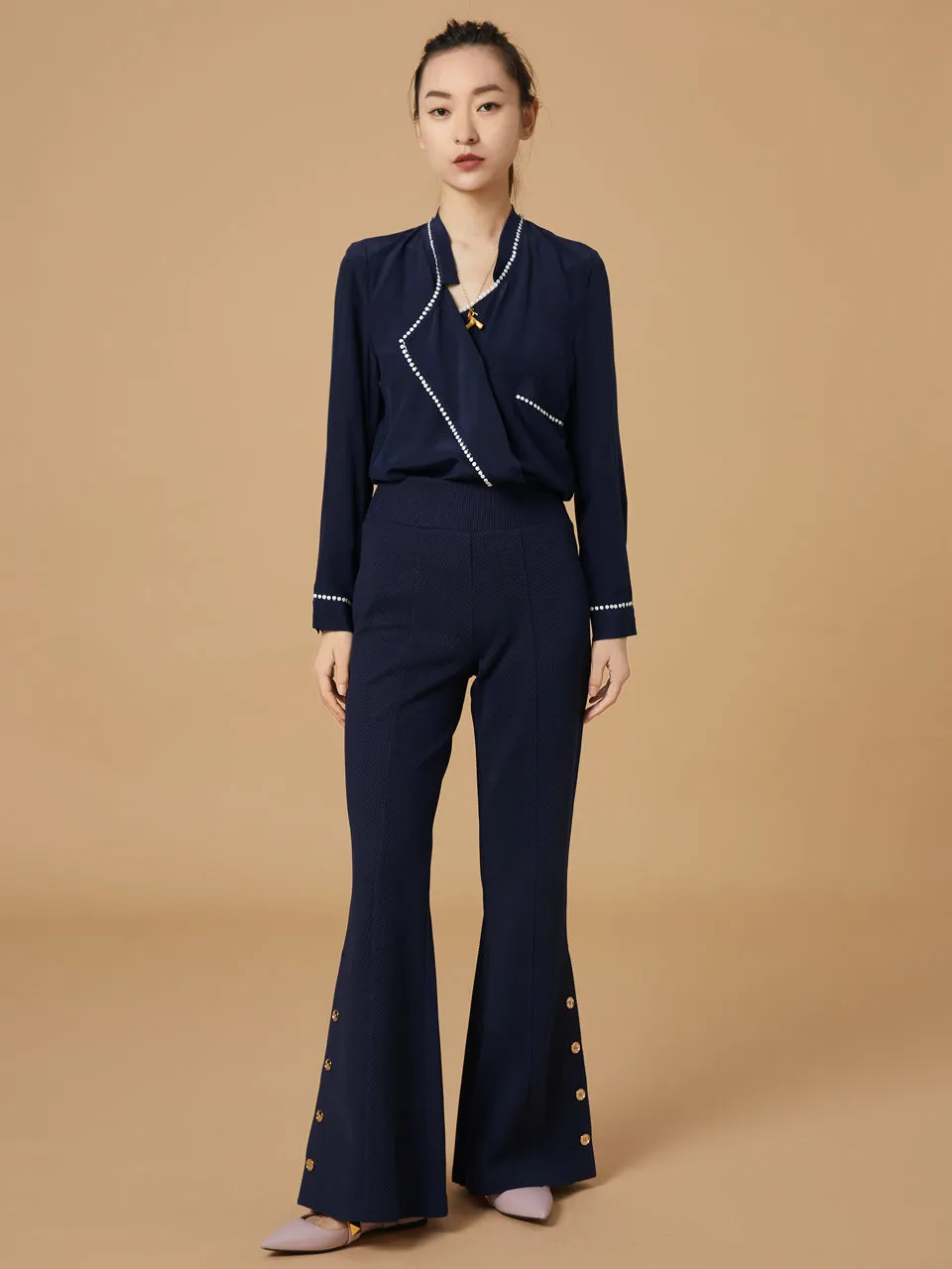 Best Seller! Modern Navy Flare Leg Pull On Button Pants