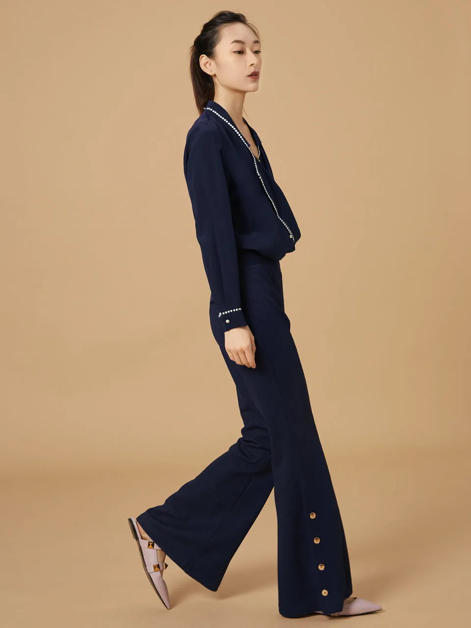 Best Seller! Modern Navy Flare Leg Pull On Button Pants