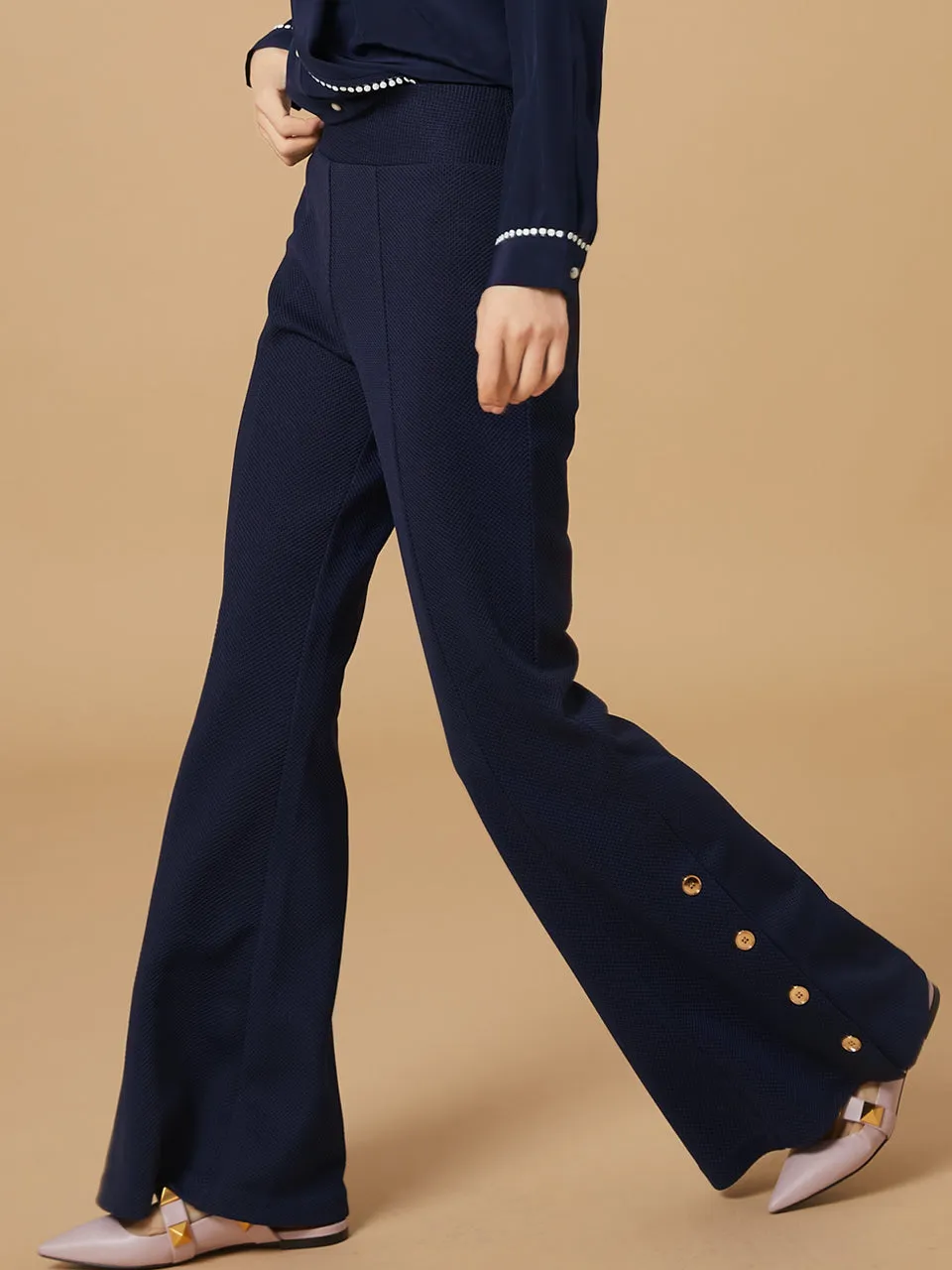 Best Seller! Modern Navy Flare Leg Pull On Button Pants