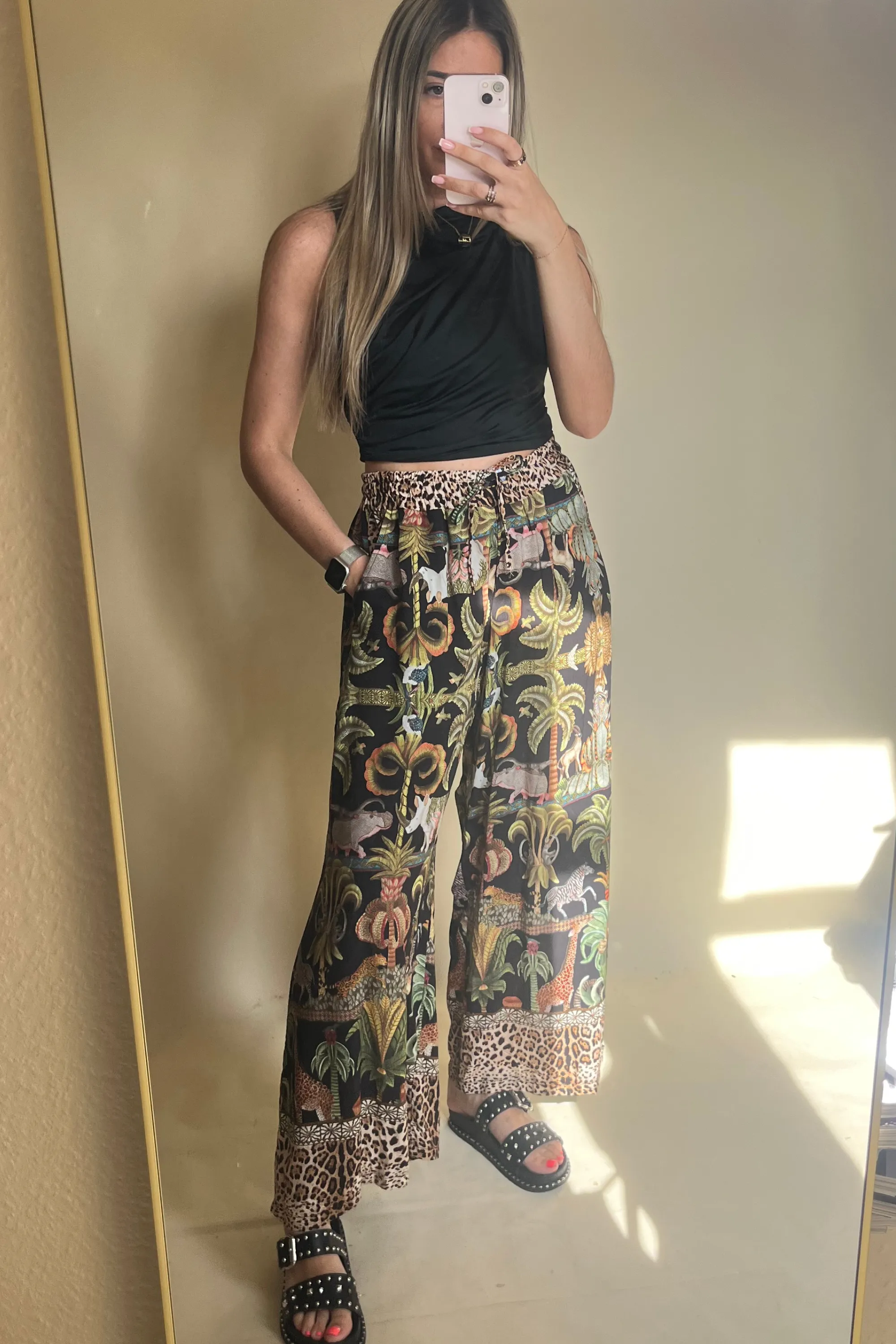 Black Leopard & tropical floaty trousers