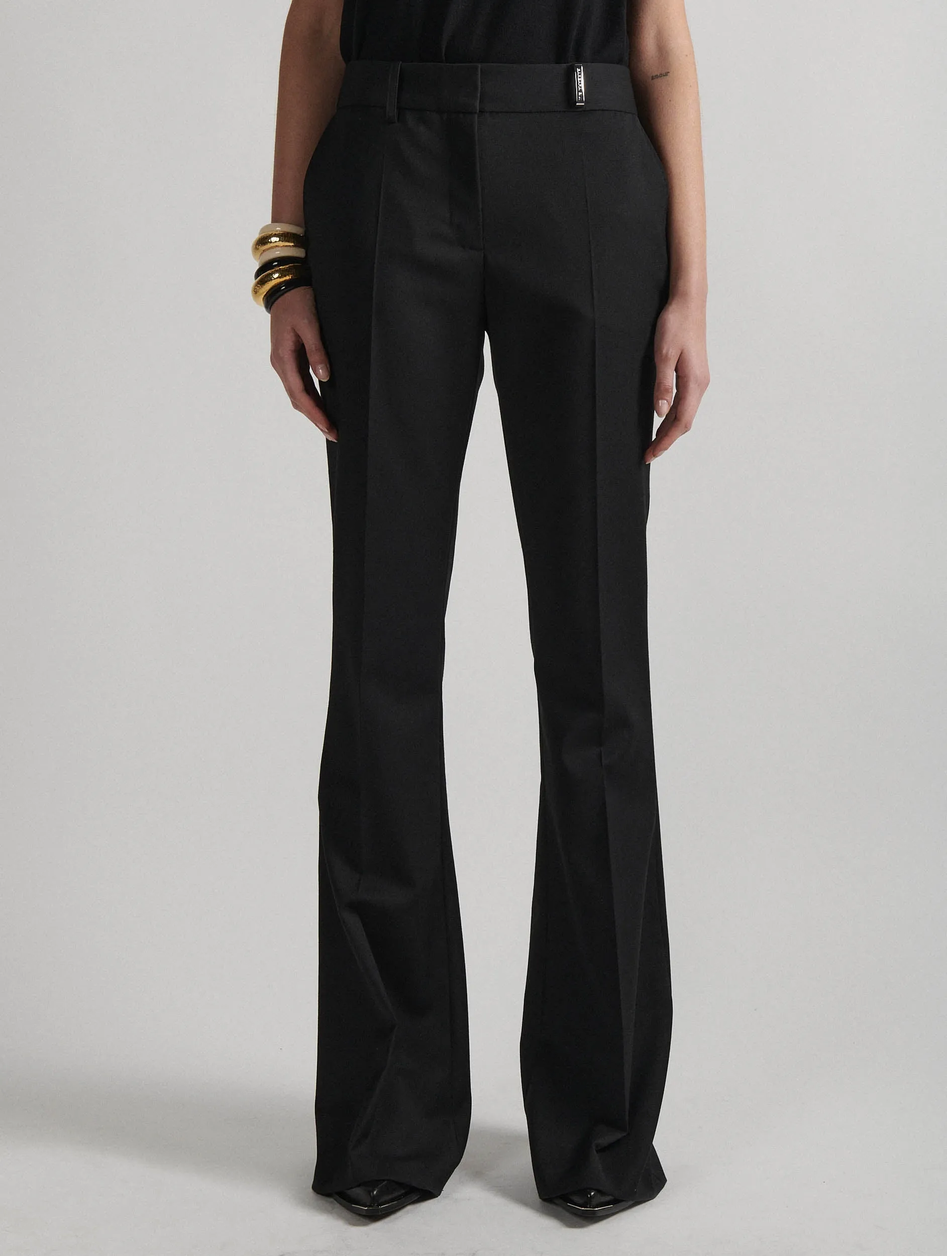 Black stretch wool gabardine bootleg-cut trousers