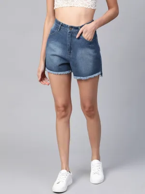 Blue Bleach Wash Frayed Look Shorts