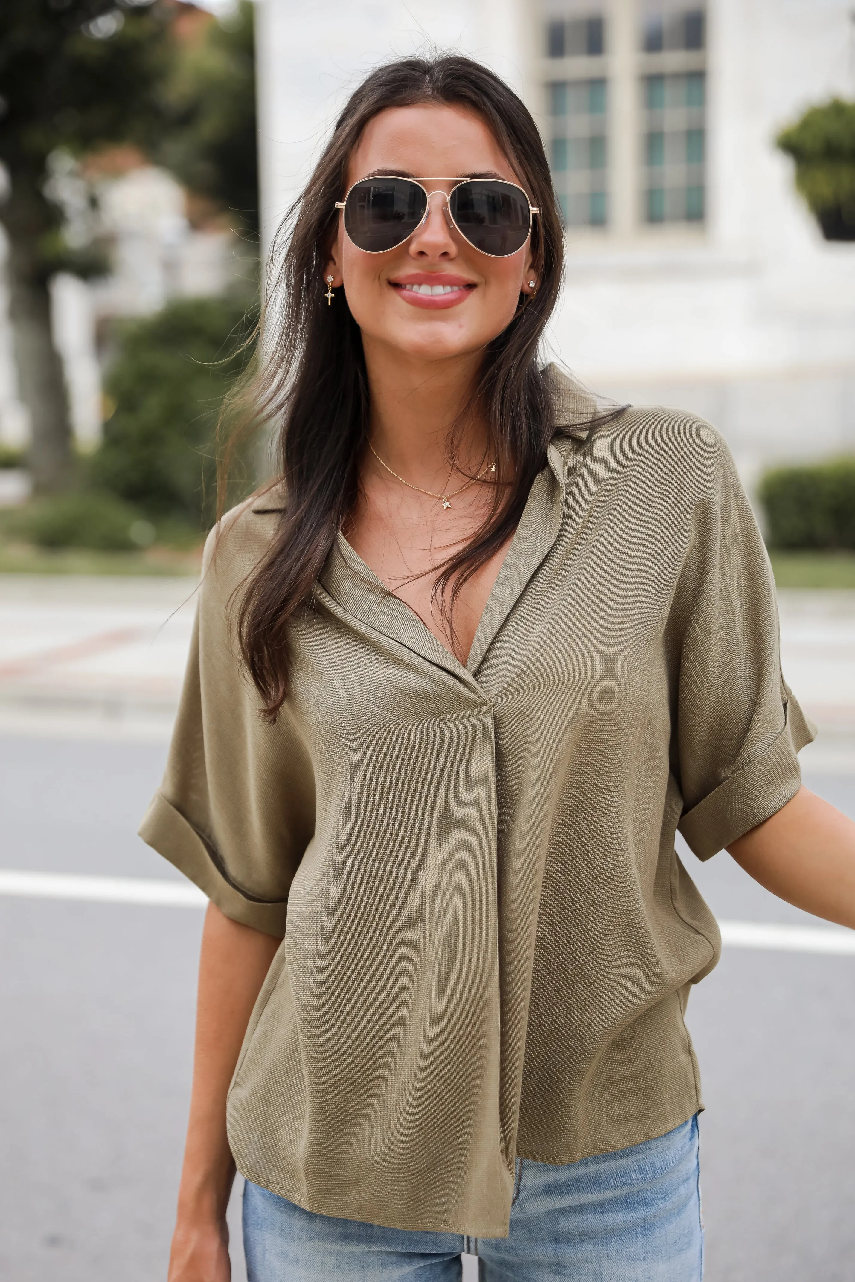 Breezy Fascination Olive Blouse - DU DEAL