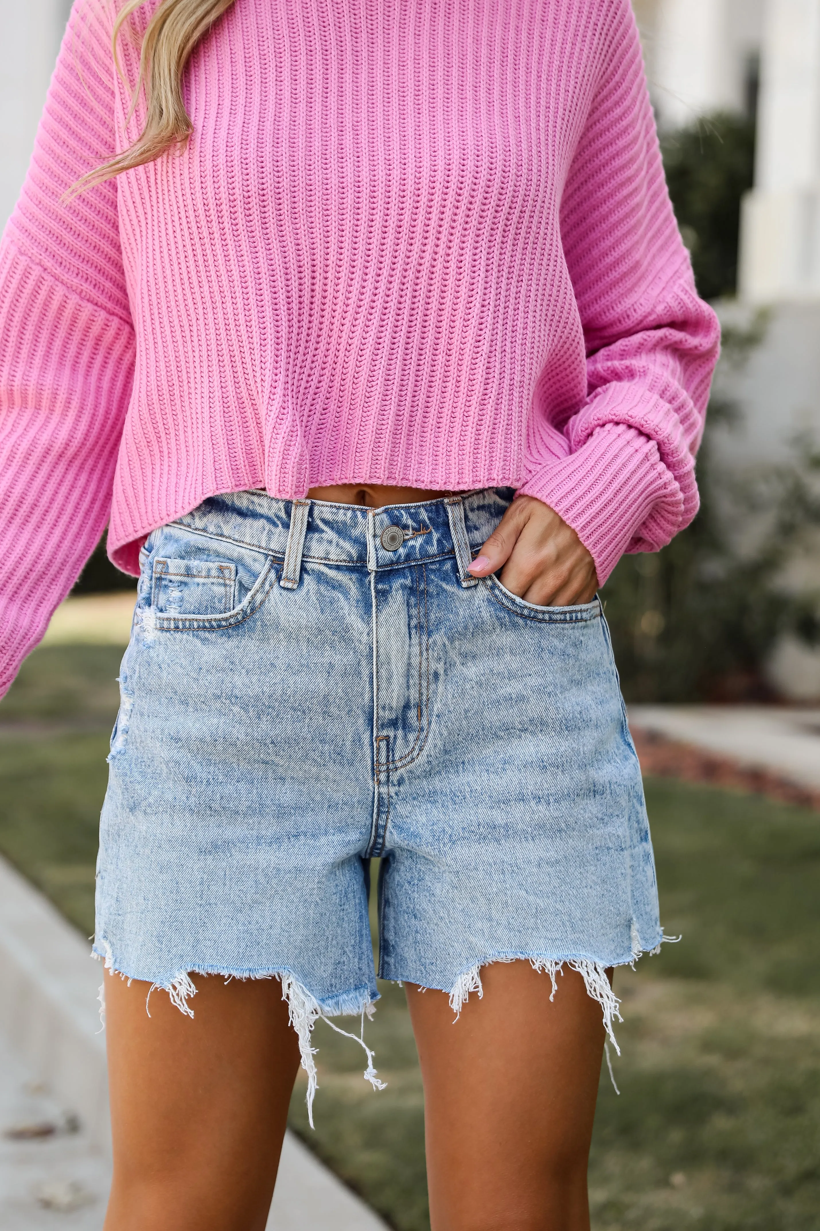 Cam Light Wash Distressed Denim Shorts