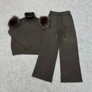 Chocolate Faux Fur Shoulder Wide Leg Tracksuit