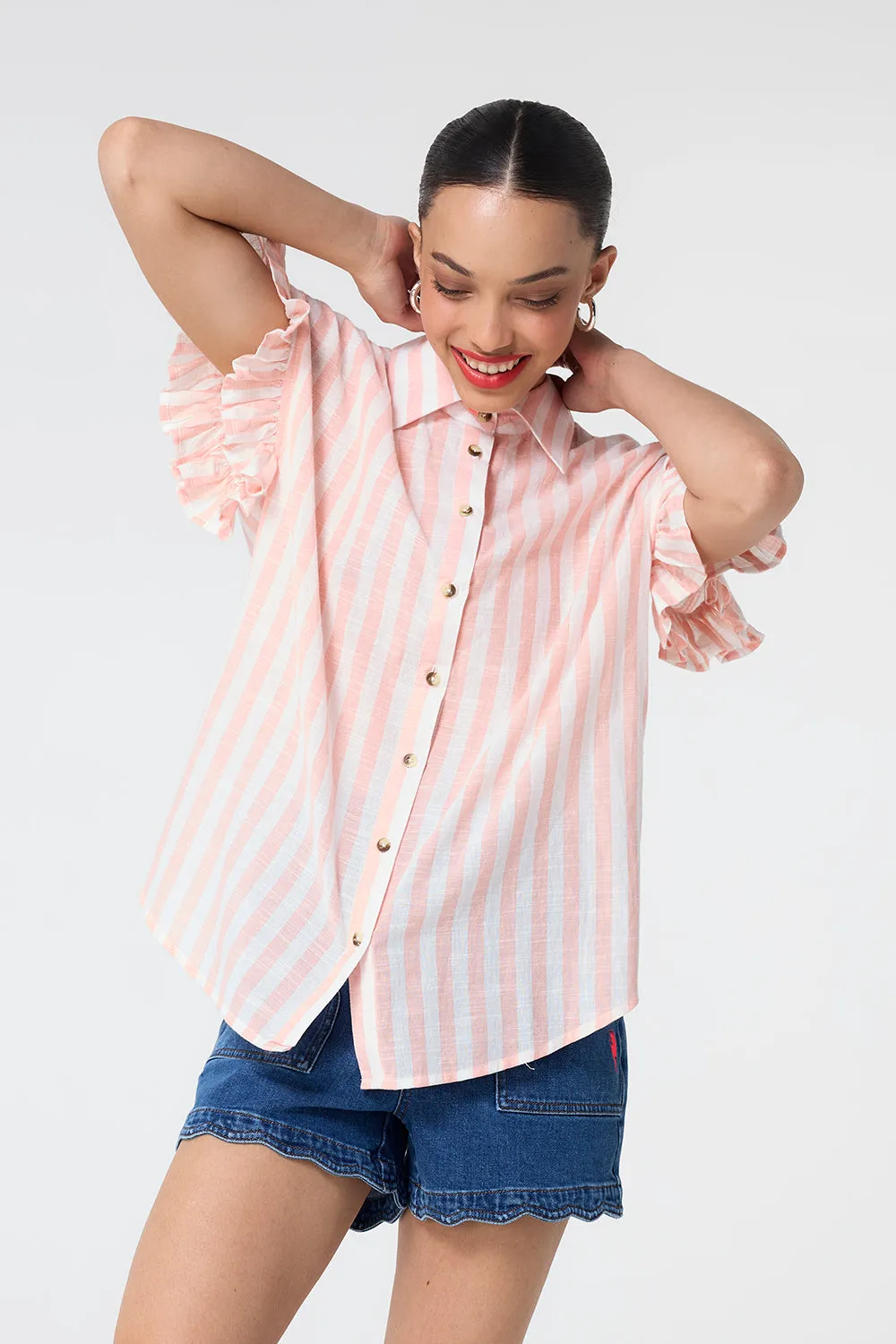 Coral and White Stripe Frill Sleeve Shirt