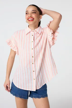 Coral and White Stripe Frill Sleeve Shirt