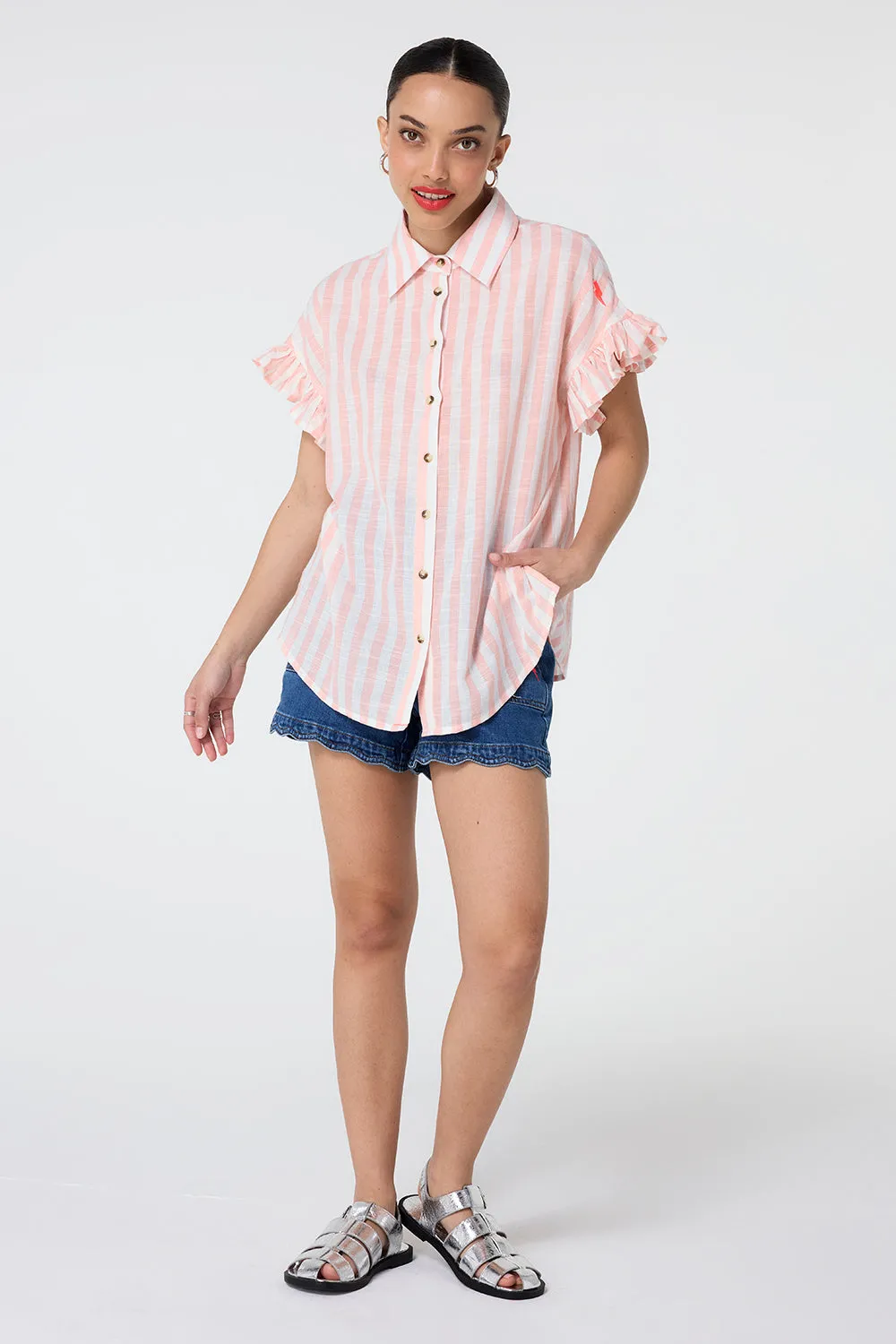 Coral and White Stripe Frill Sleeve Shirt