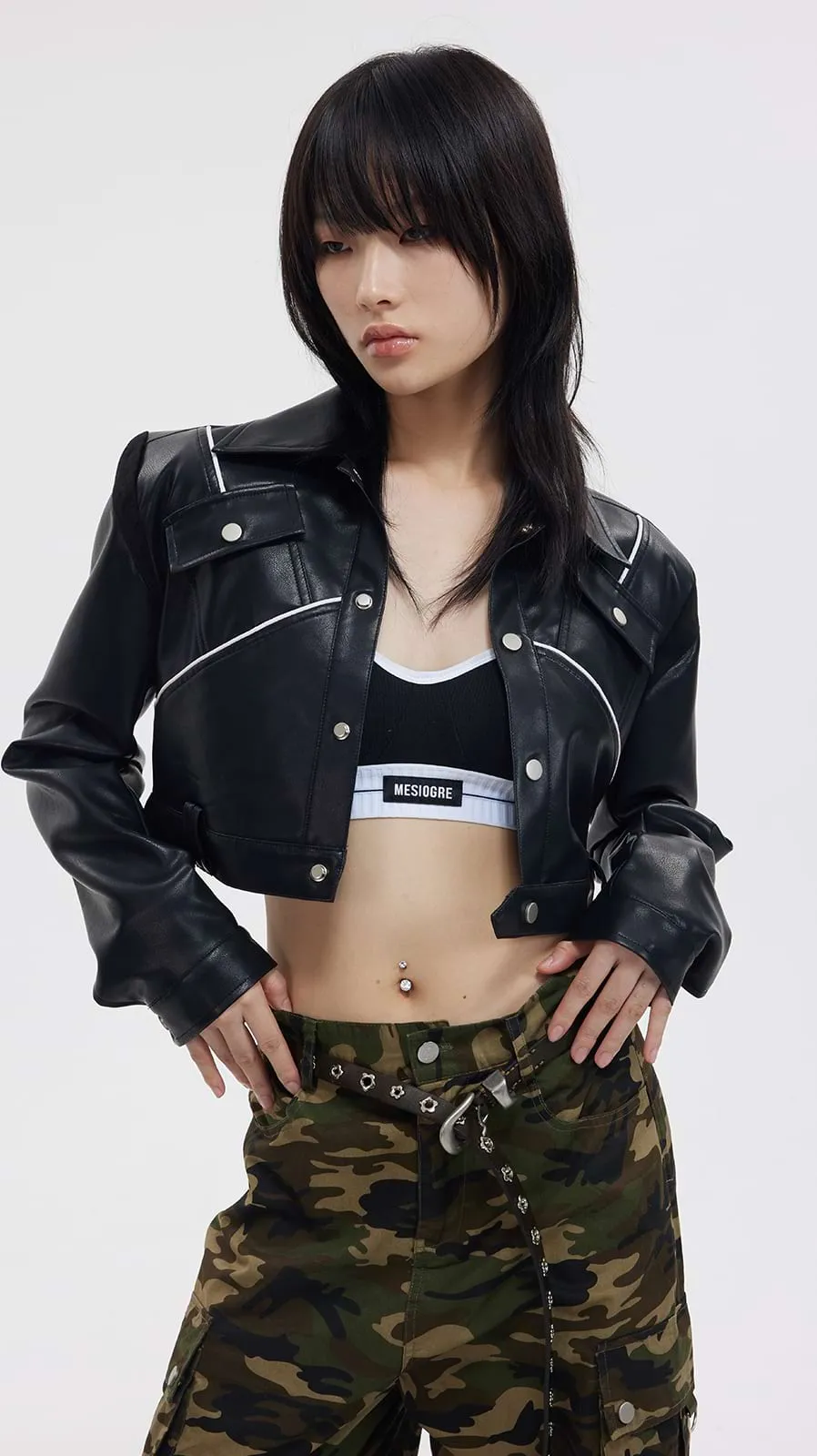 Cropped Faux Leather Jacket with Pockets