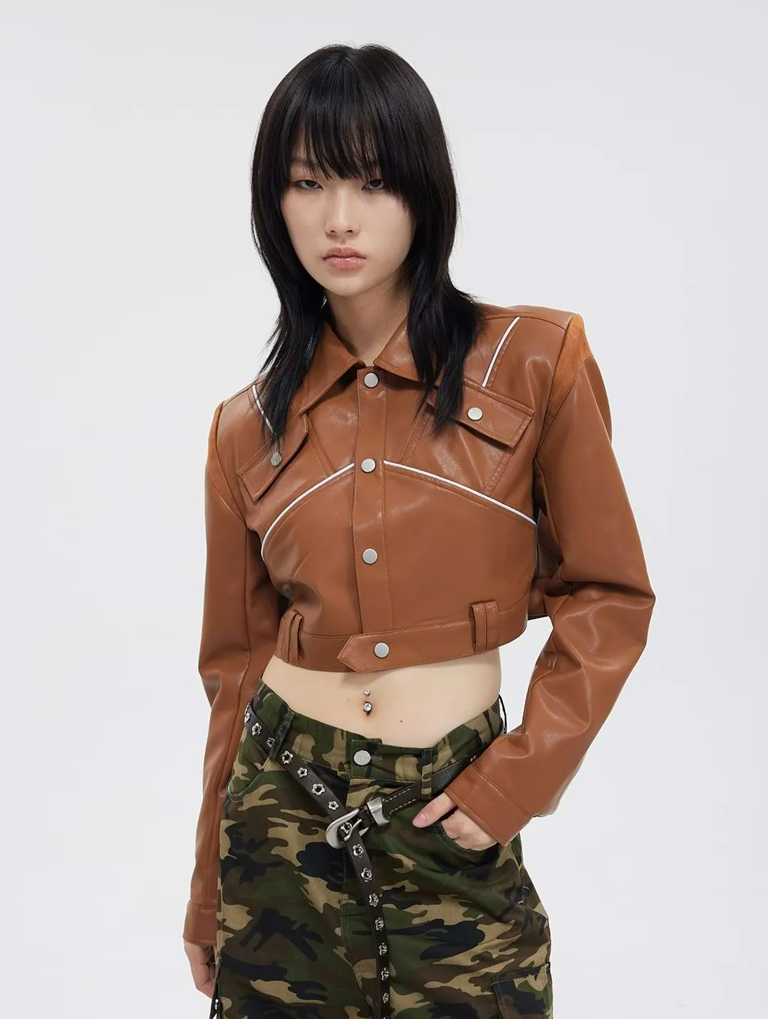 Cropped Faux Leather Jacket with Pockets