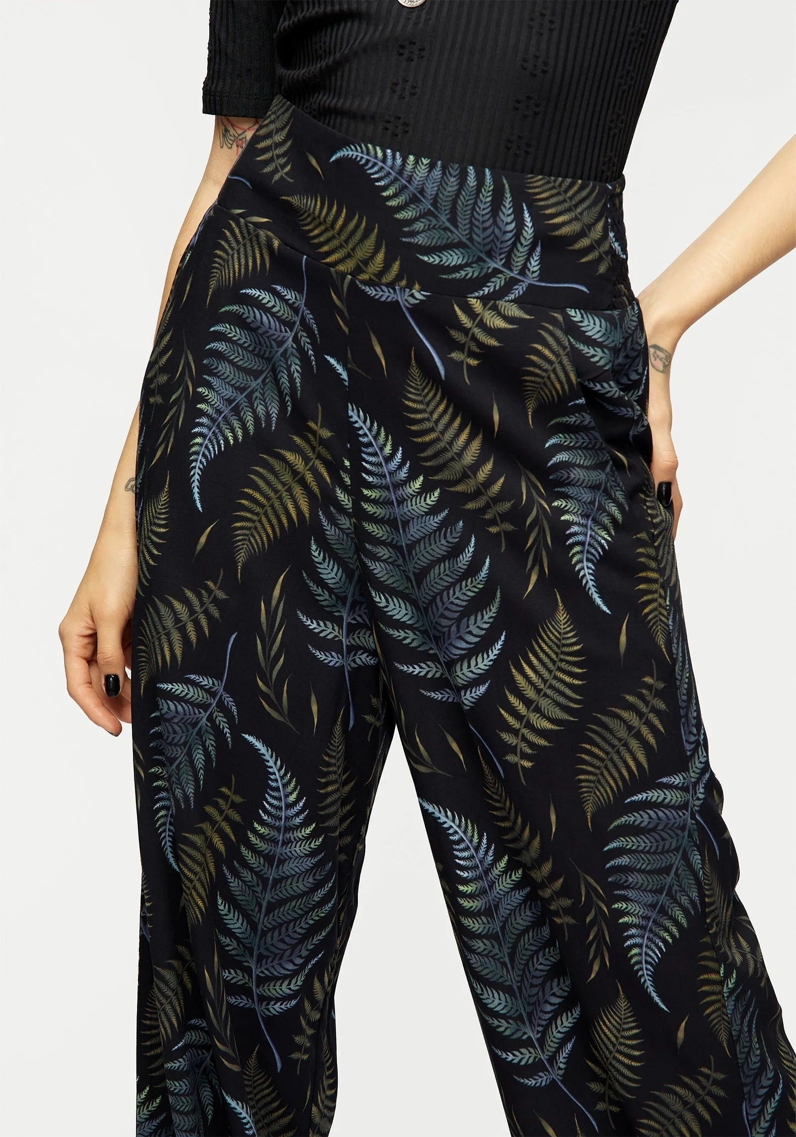 Frond Print Wide Leg Smocked Trouser