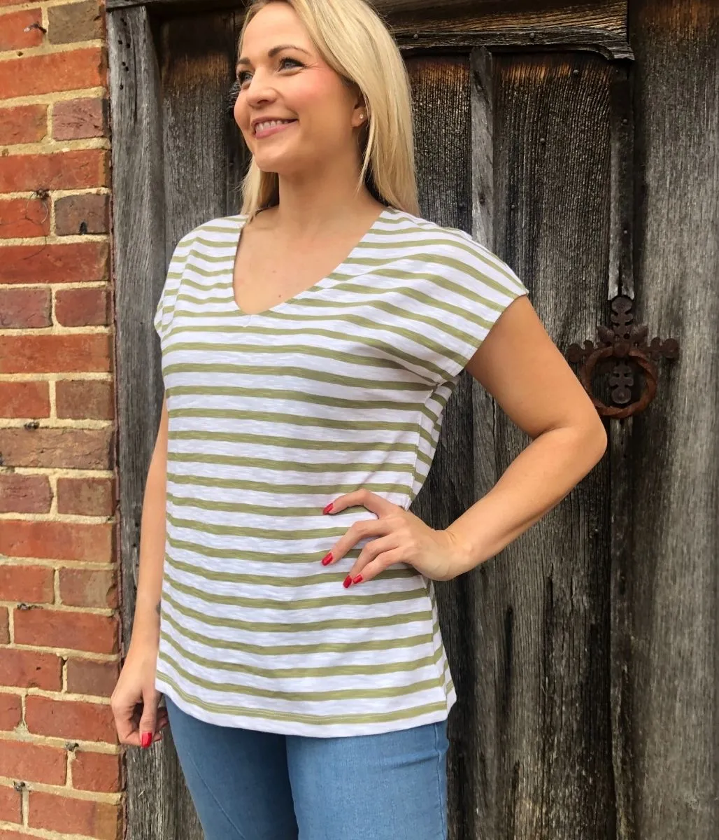 Green Striped Cotton V Neck Top 6