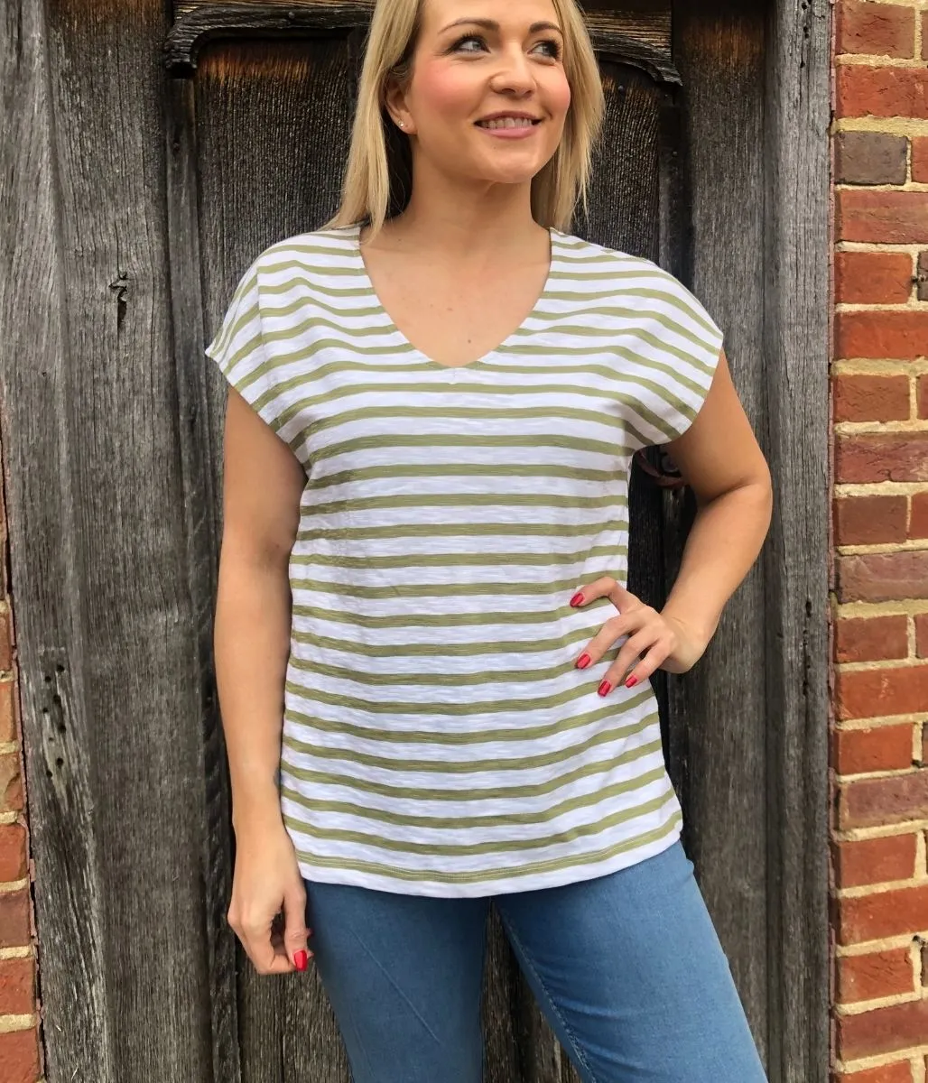 Green Striped Cotton V Neck Top 6