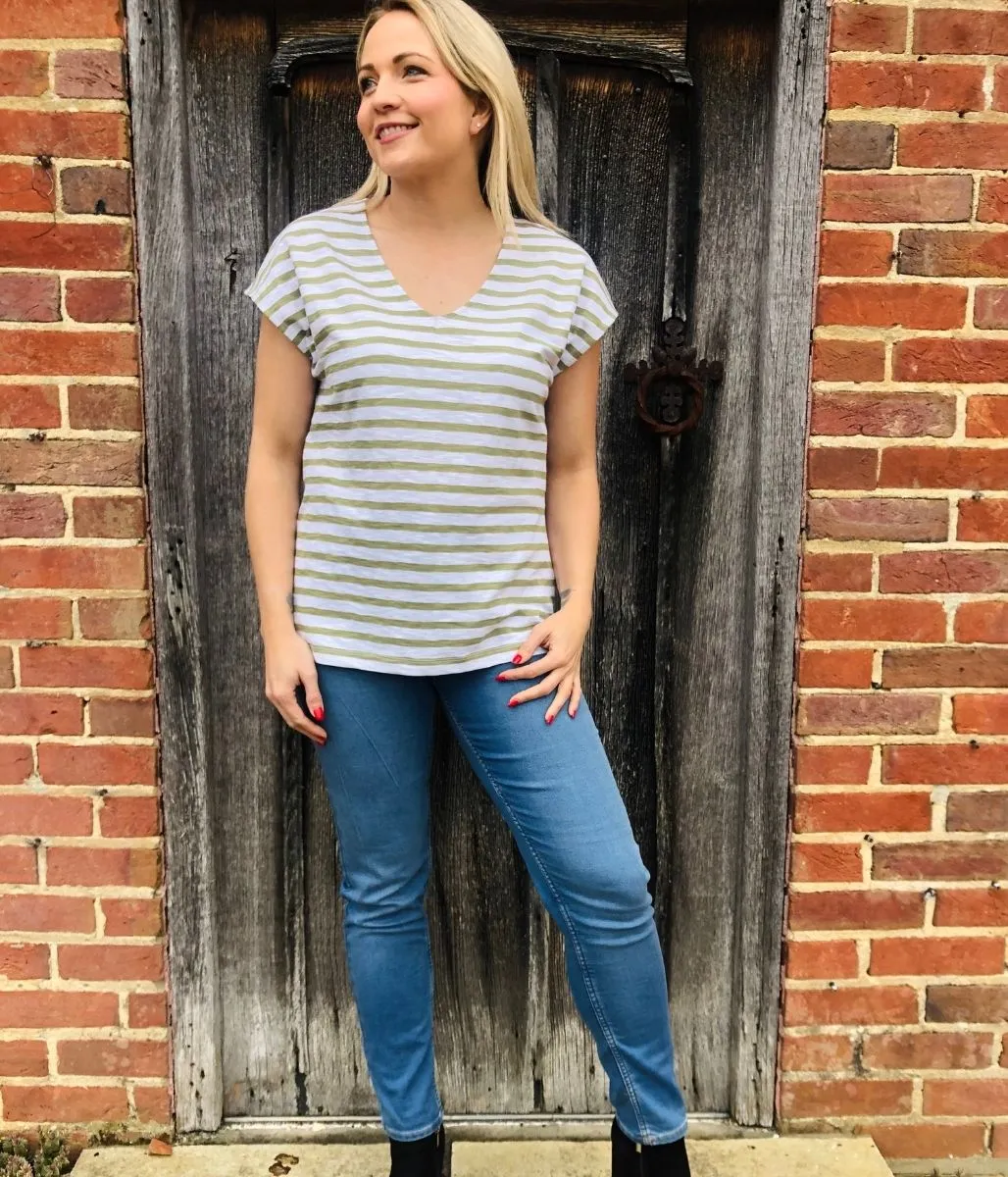 Green Striped Cotton V Neck Top 6