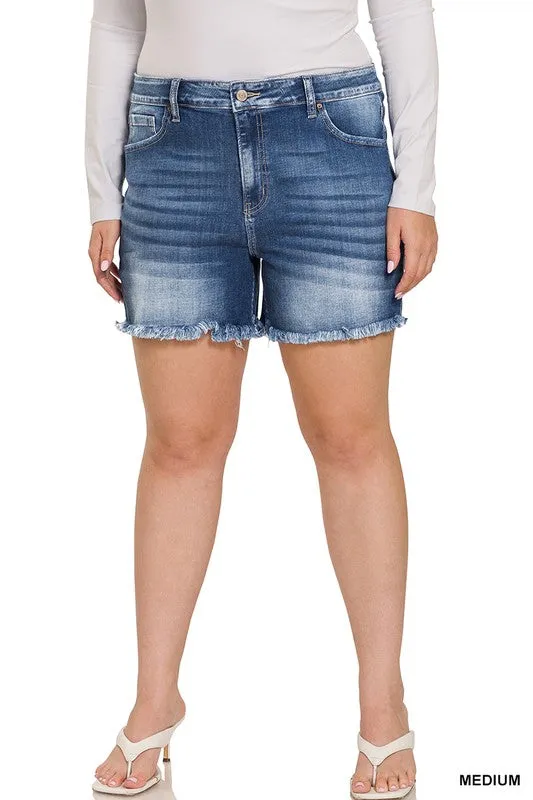 Hi Curvy Plus Size Women Mid Rise Raw Frayed Hem Denim Shorts