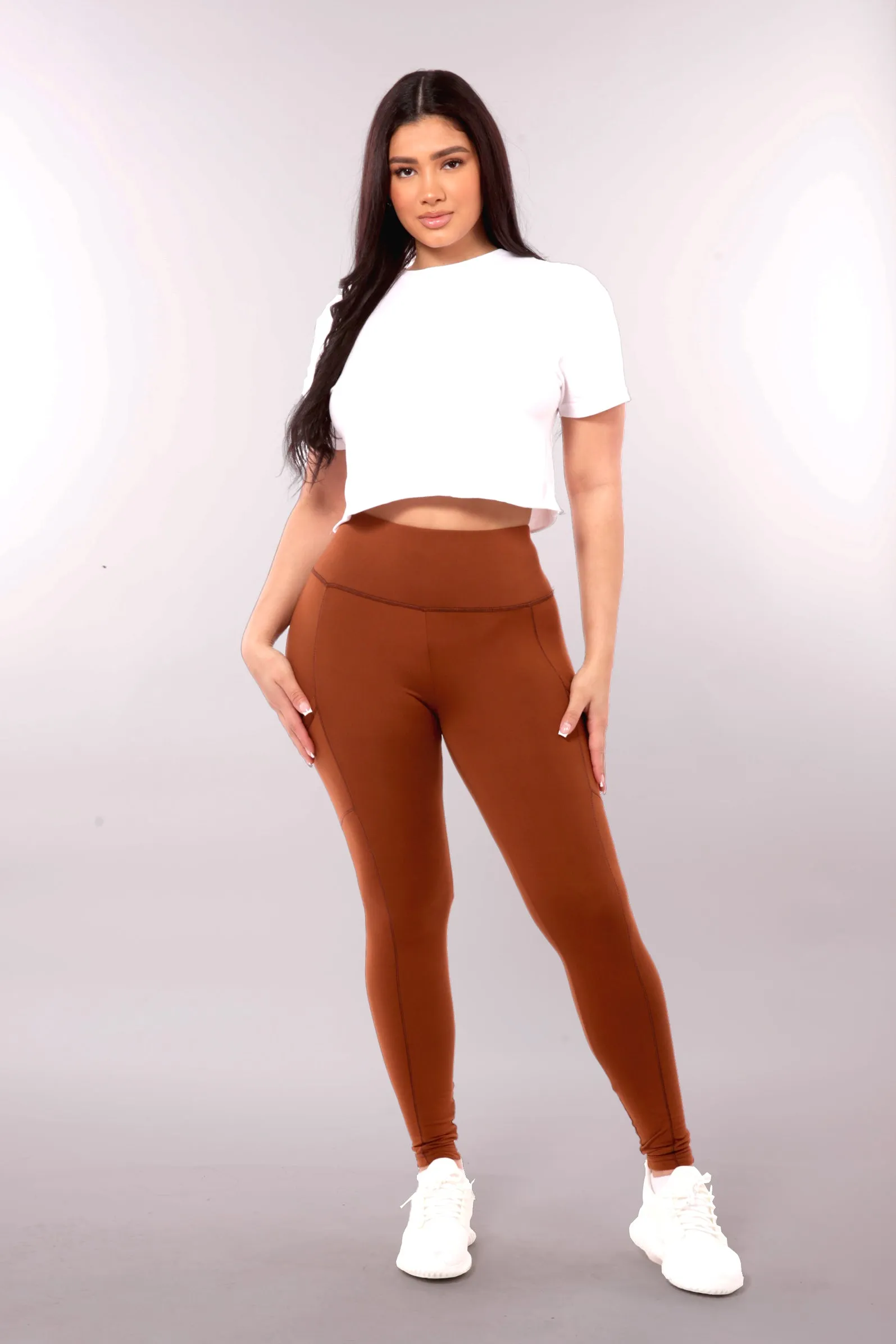 High Waist Contrast Seam Fleece Lined Leggings With Side Pockets - Camel