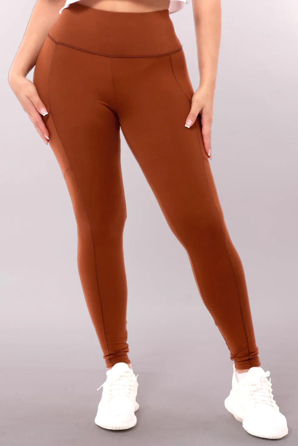 High Waist Contrast Seam Fleece Lined Leggings With Side Pockets - Camel