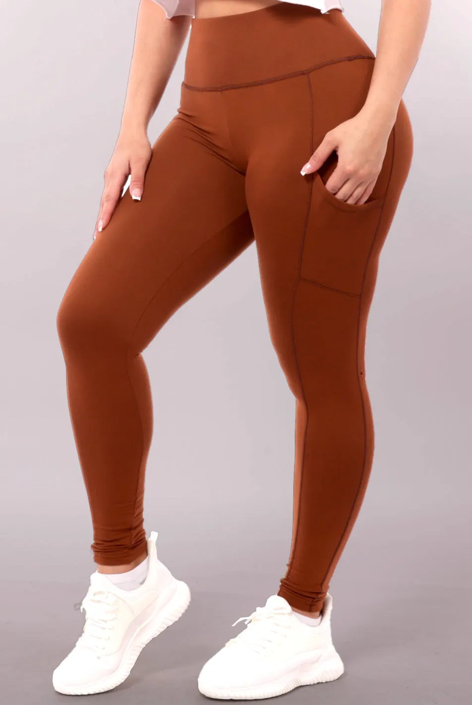 High Waist Contrast Seam Fleece Lined Leggings With Side Pockets - Camel