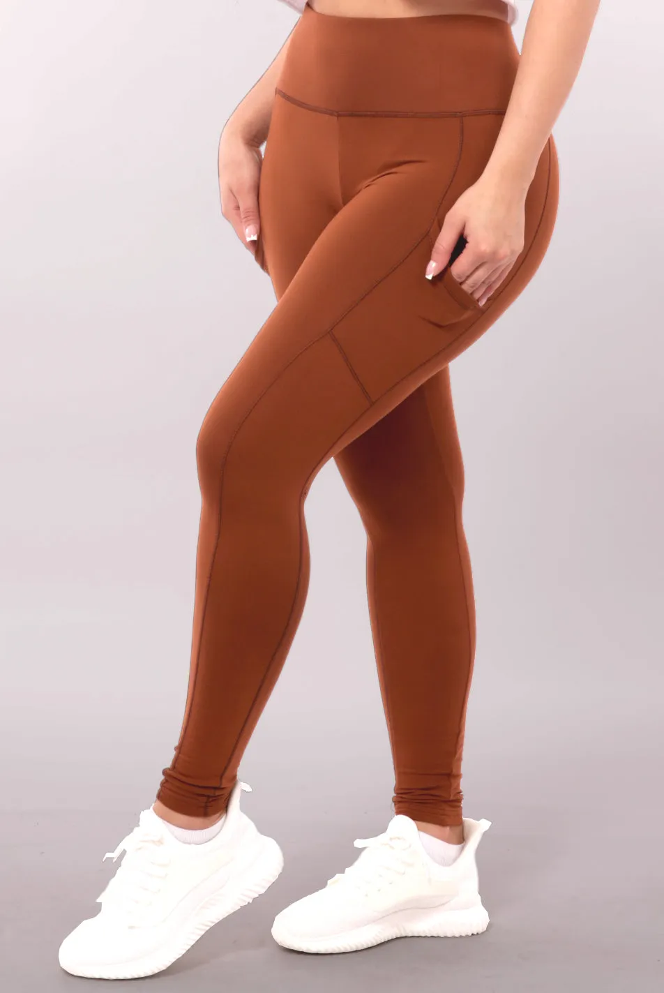 High Waist Contrast Seam Fleece Lined Leggings With Side Pockets - Camel