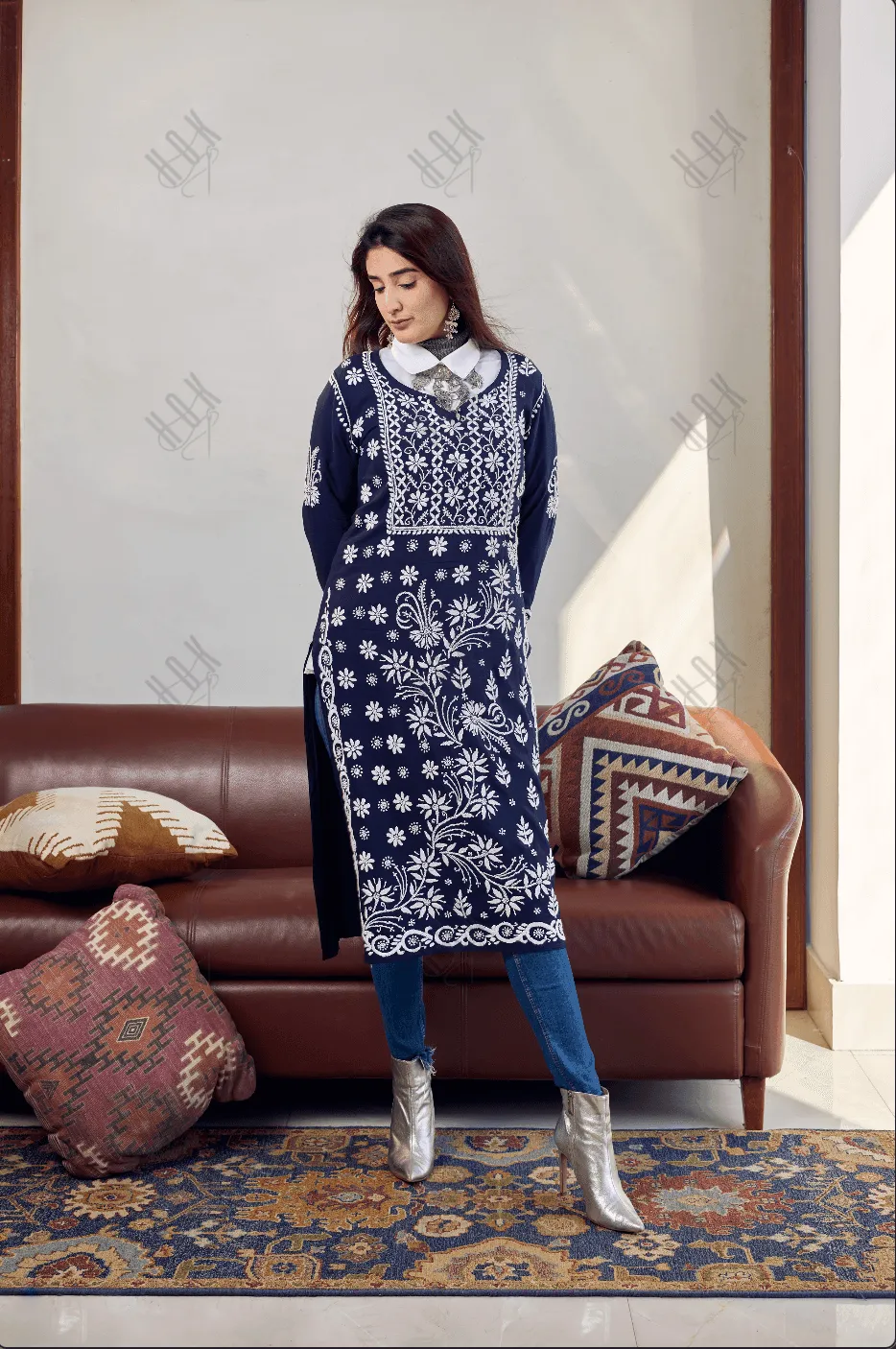 HOK Chikankari Stylish Kurti Dark Blue