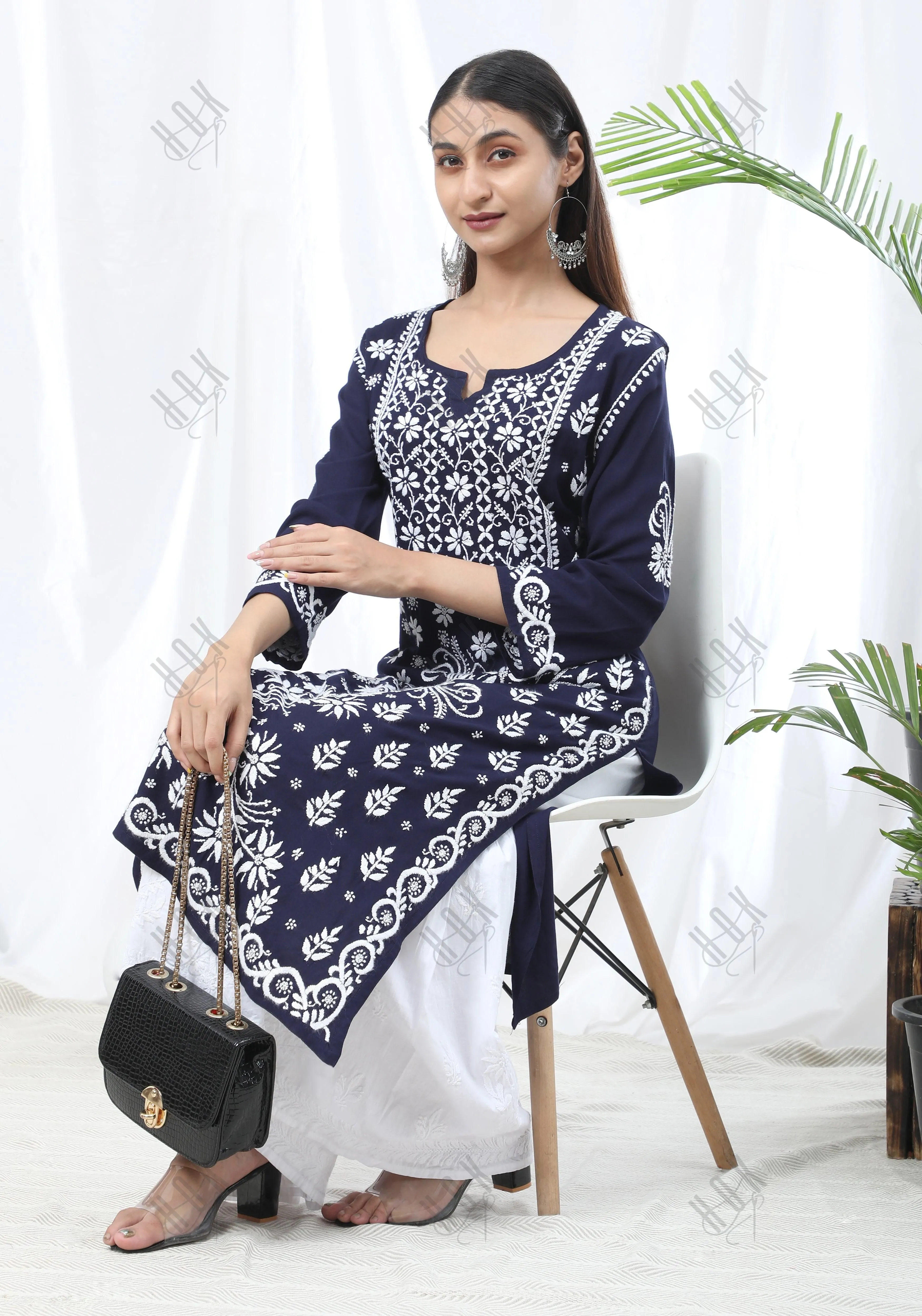 HOK Chikankari Stylish Kurti Dark Blue