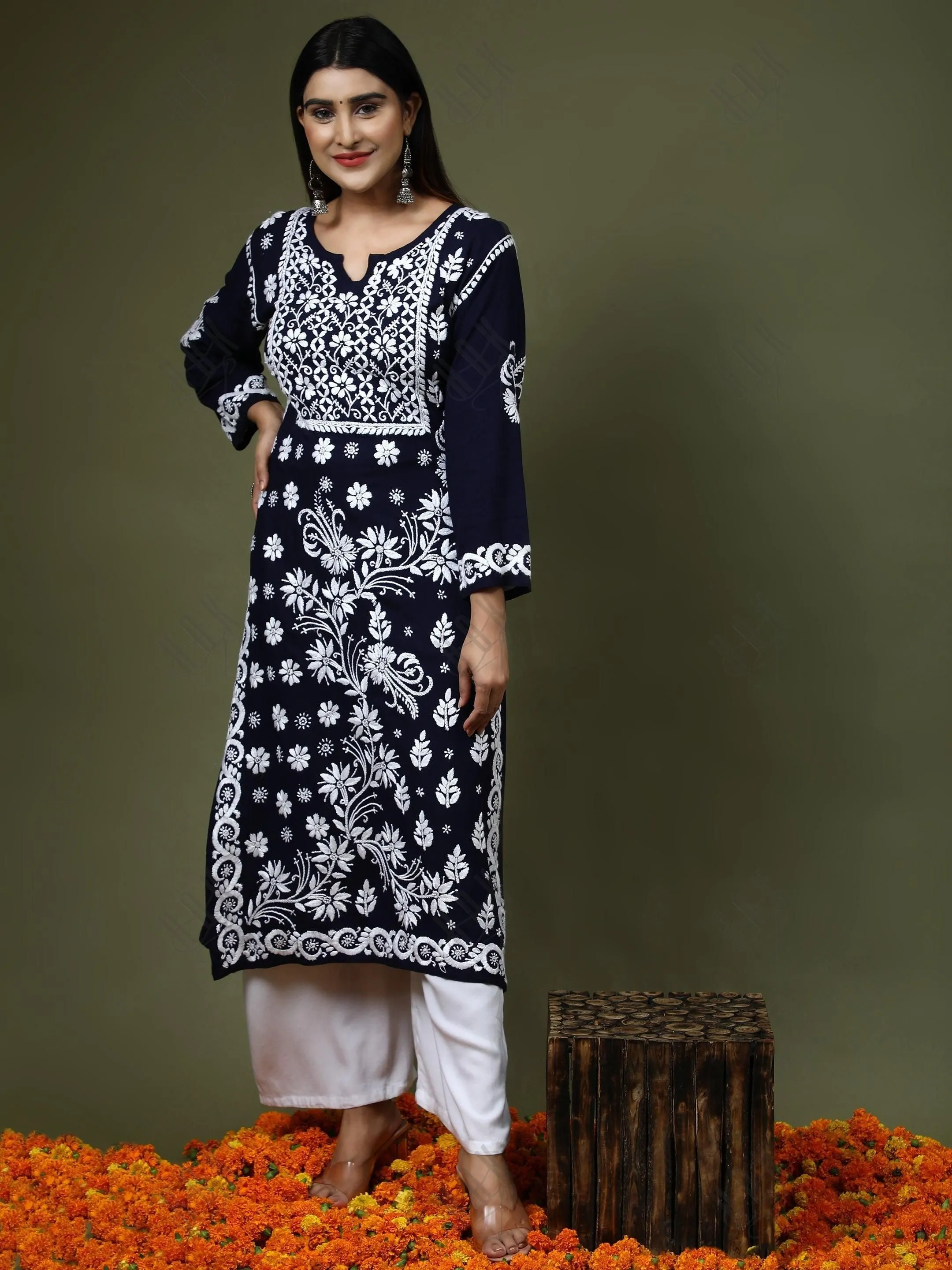 HOK Chikankari Stylish Kurti Dark Blue