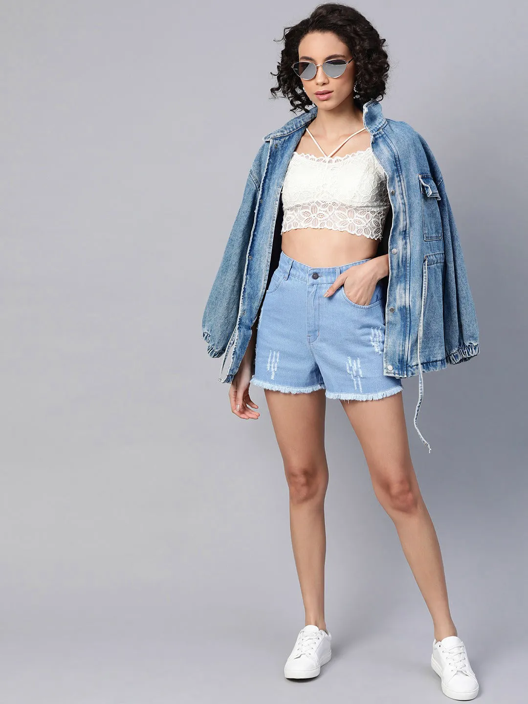 Ice Blue Frayed Look Shorts