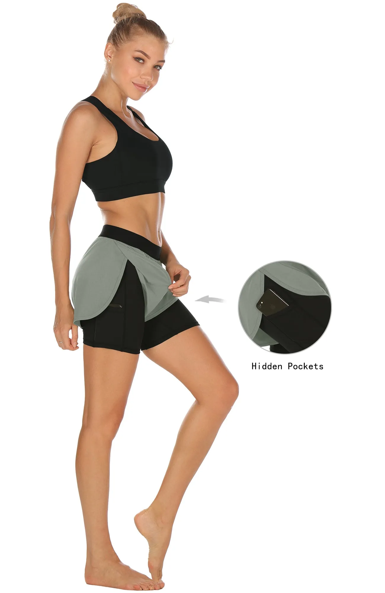 icyzone Workout Running Shorts with Pockets - Women's Gym Exercise Athletic Yoga Shorts 2-in-1