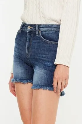 KanCan High Rise Frayed Denim Shorts- Dark Wash