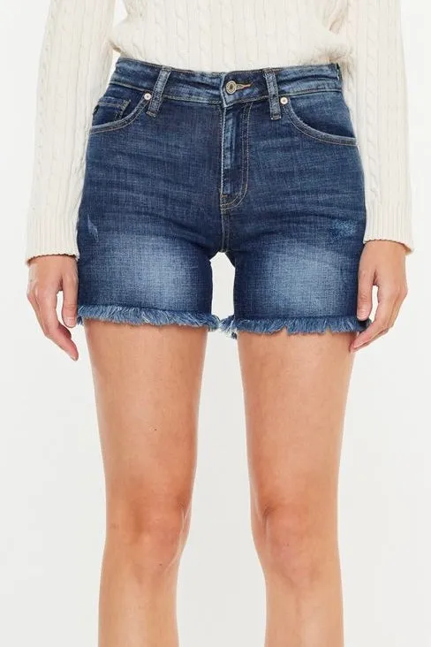 KanCan High Rise Frayed Denim Shorts- Dark Wash