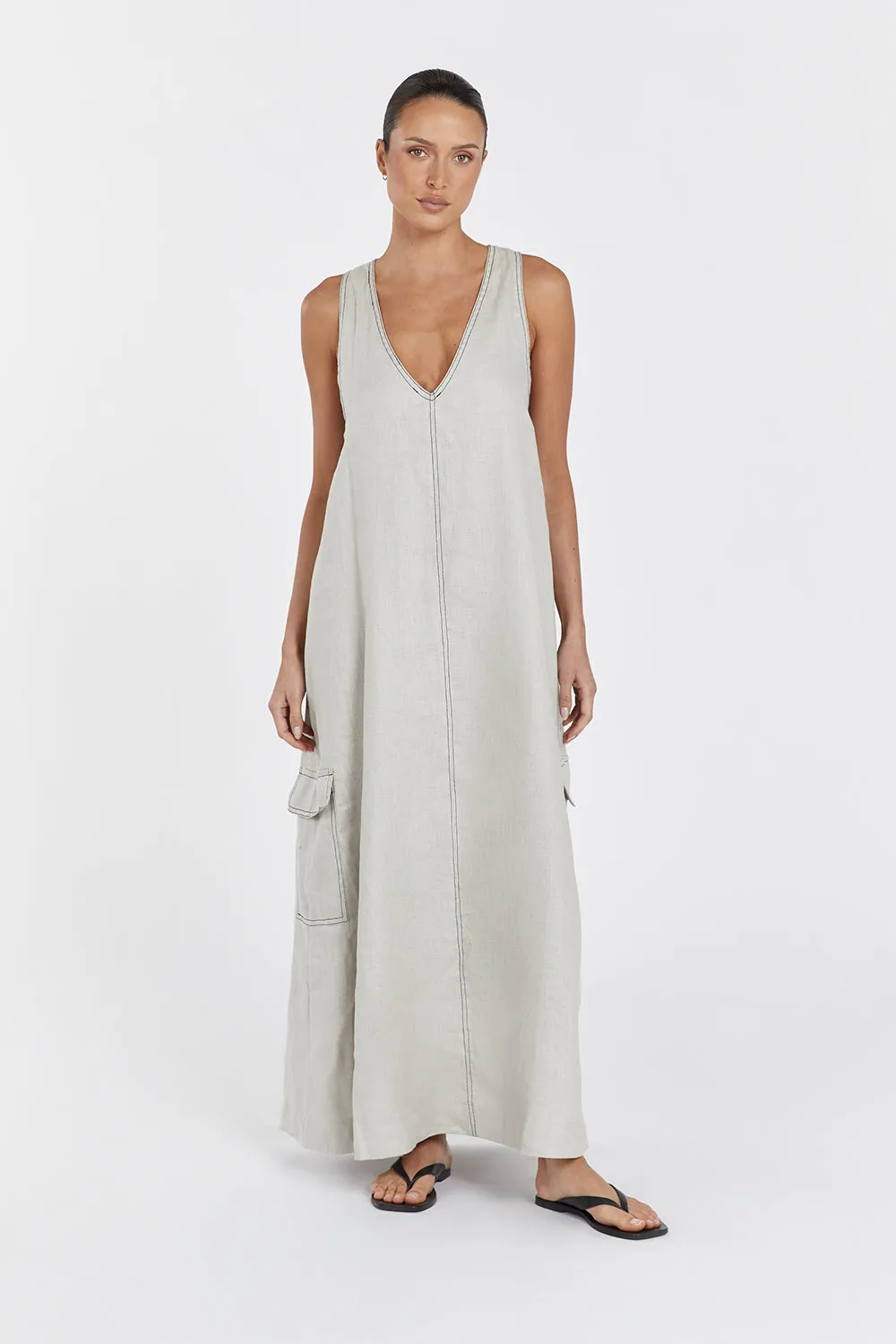 LAURENT CHALK CARGO LINEN MIDI DRESS