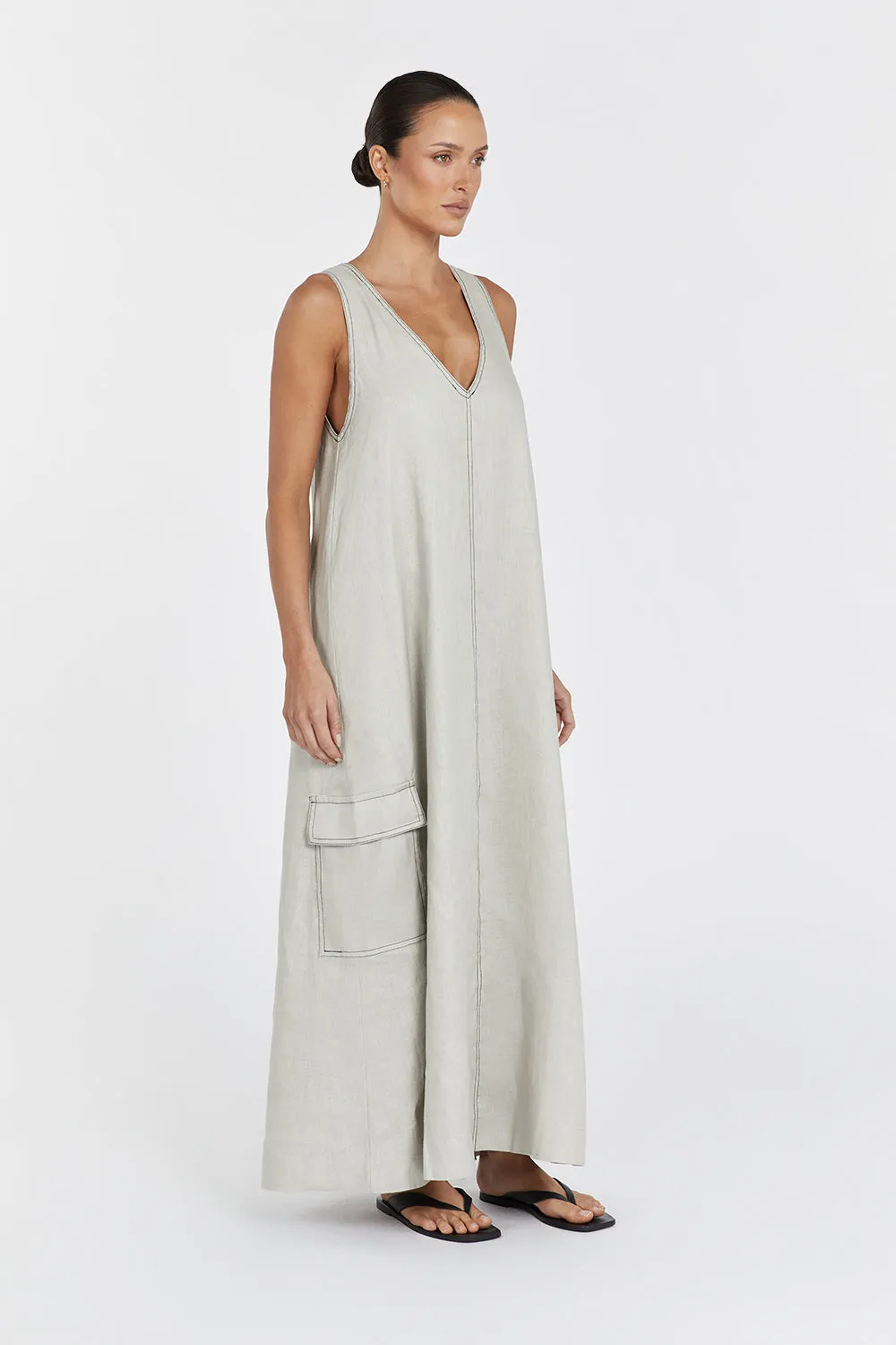 LAURENT CHALK CARGO LINEN MIDI DRESS