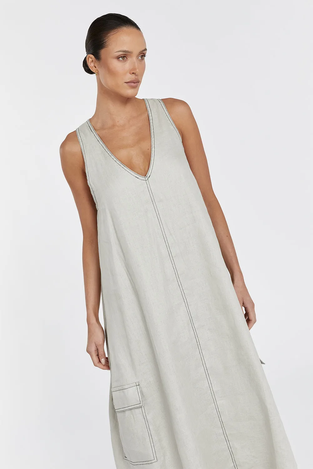 LAURENT CHALK CARGO LINEN MIDI DRESS