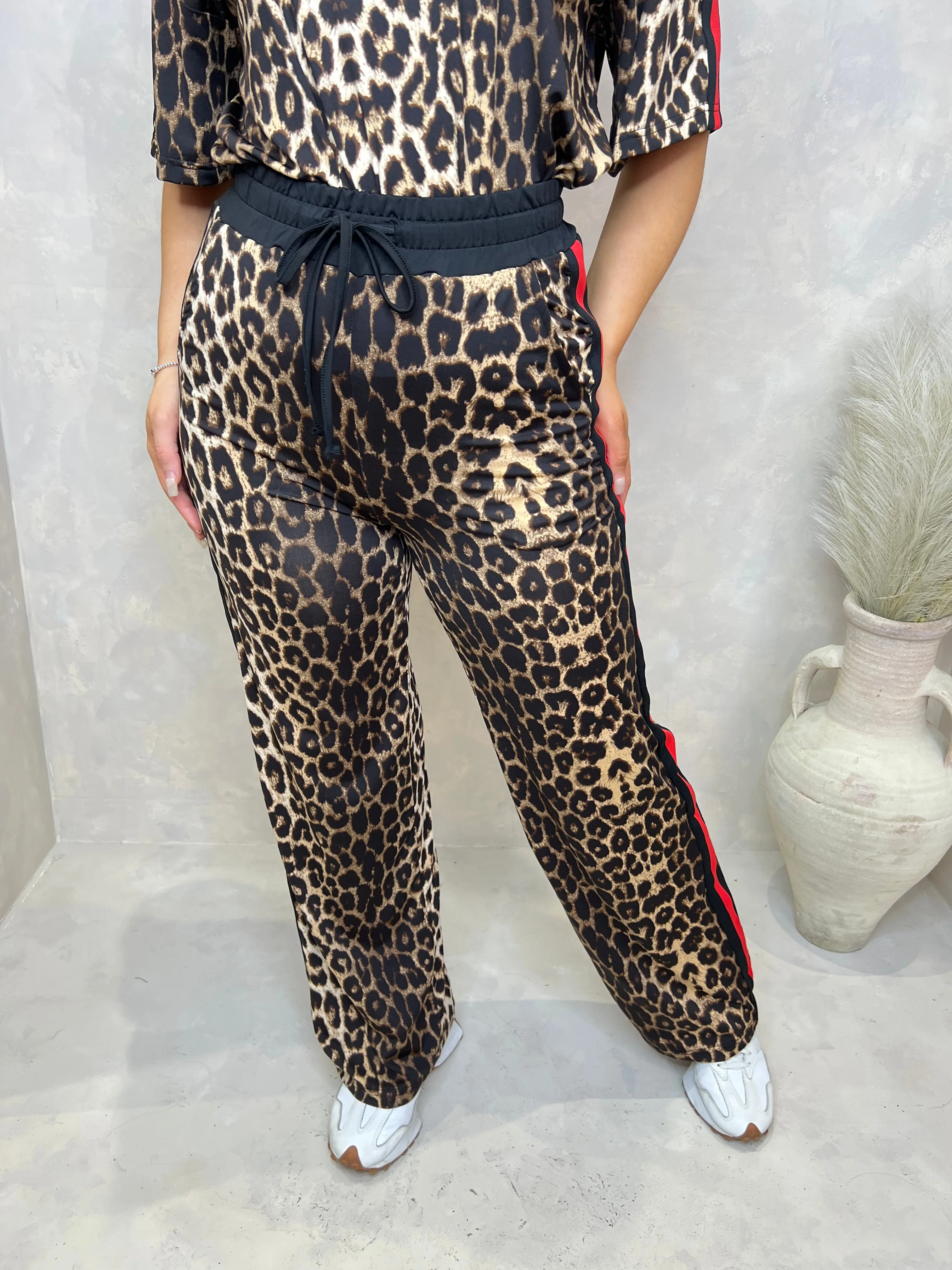 Leopard Red/Black Side Stripe Trouser Set