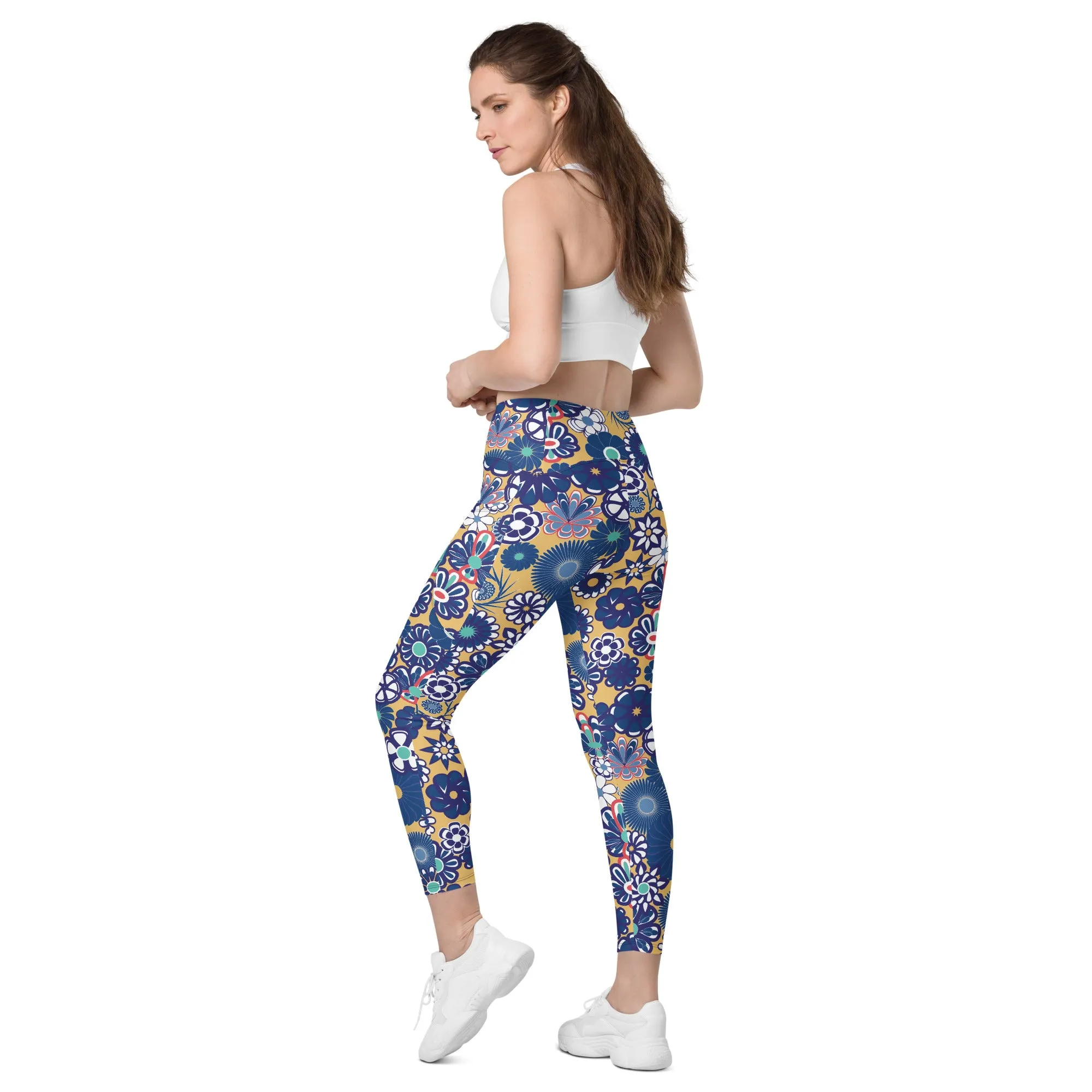 Navy on Peach Crossover leggings with pockets