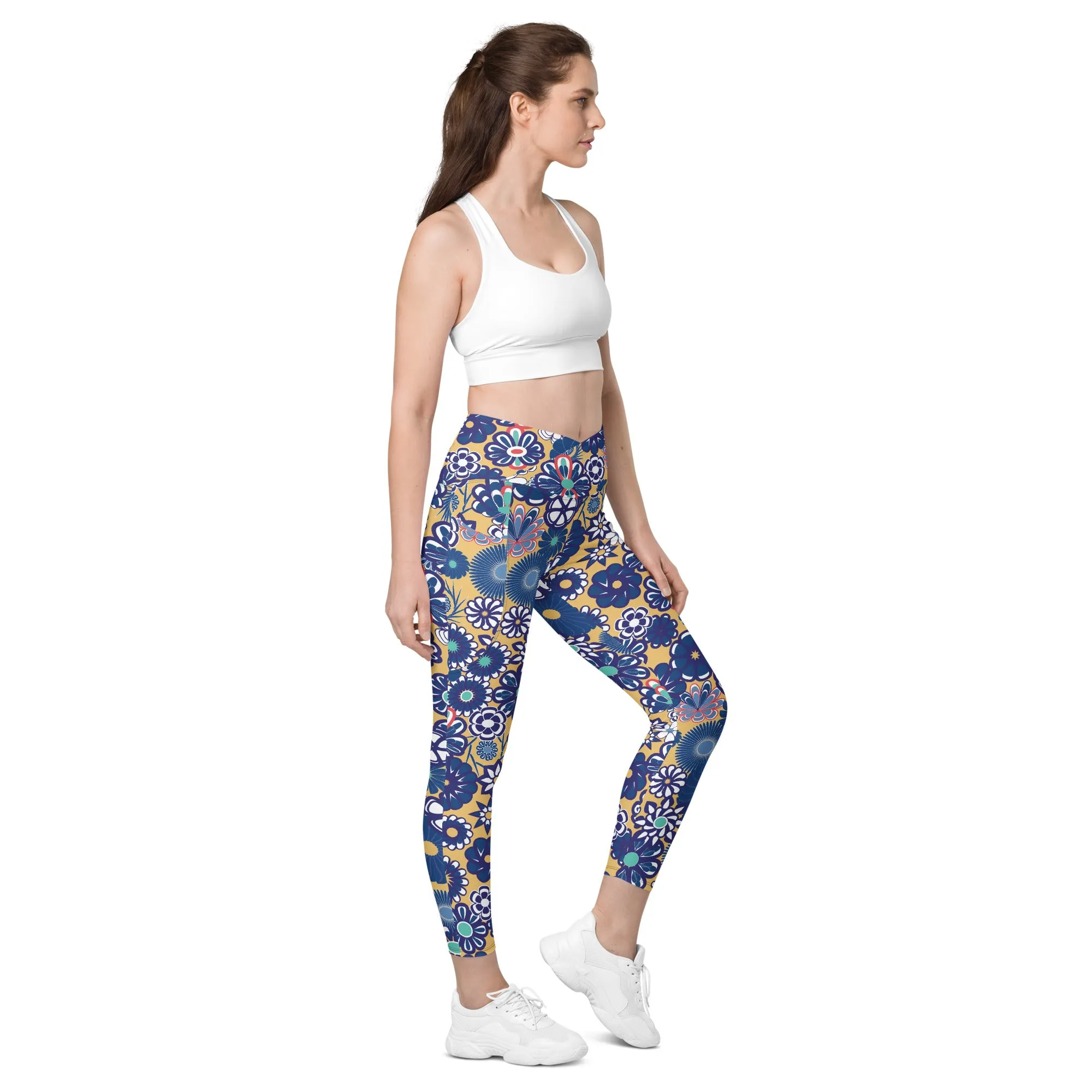 Navy on Peach Crossover leggings with pockets