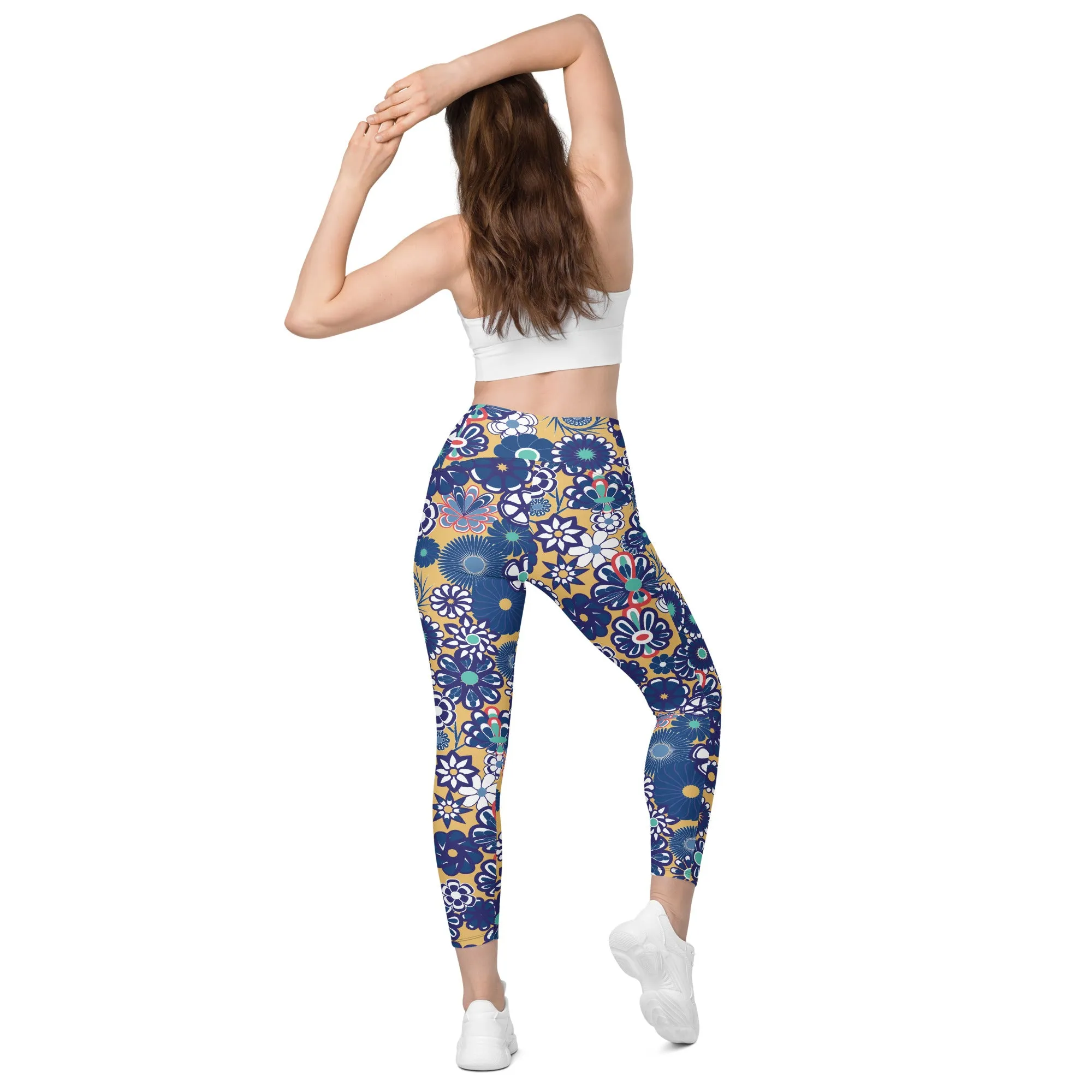 Navy on Peach Crossover leggings with pockets