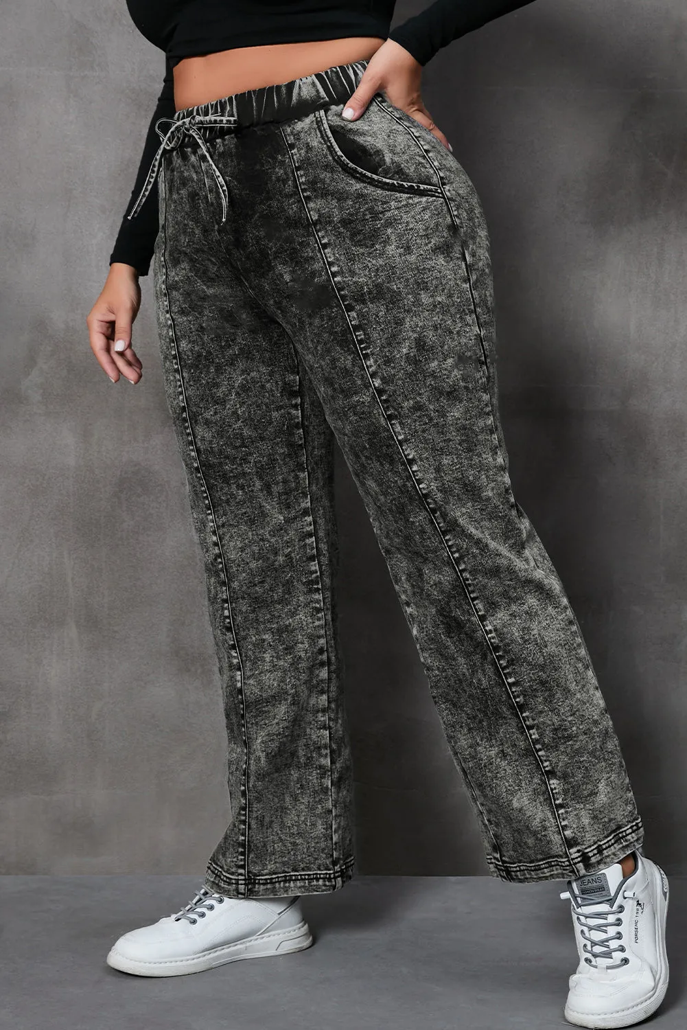 Plus Size Drawstring Wide Leg Jeans