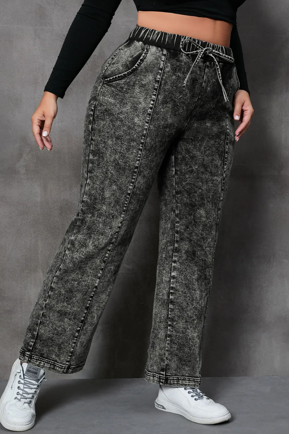 Plus Size Drawstring Wide Leg Jeans