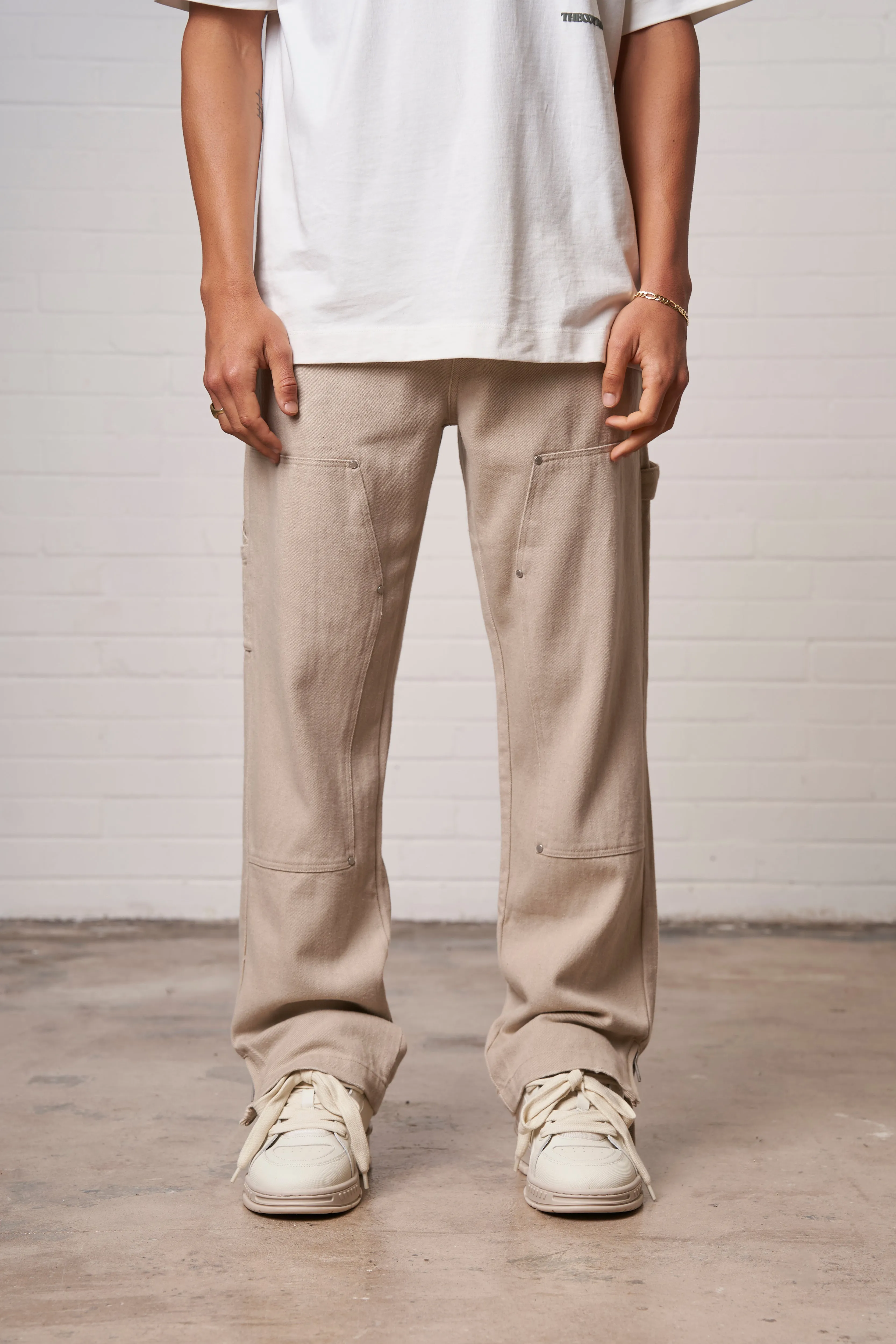 TWILL RIVET DETAIL CARPENTER PANT - BEIGE