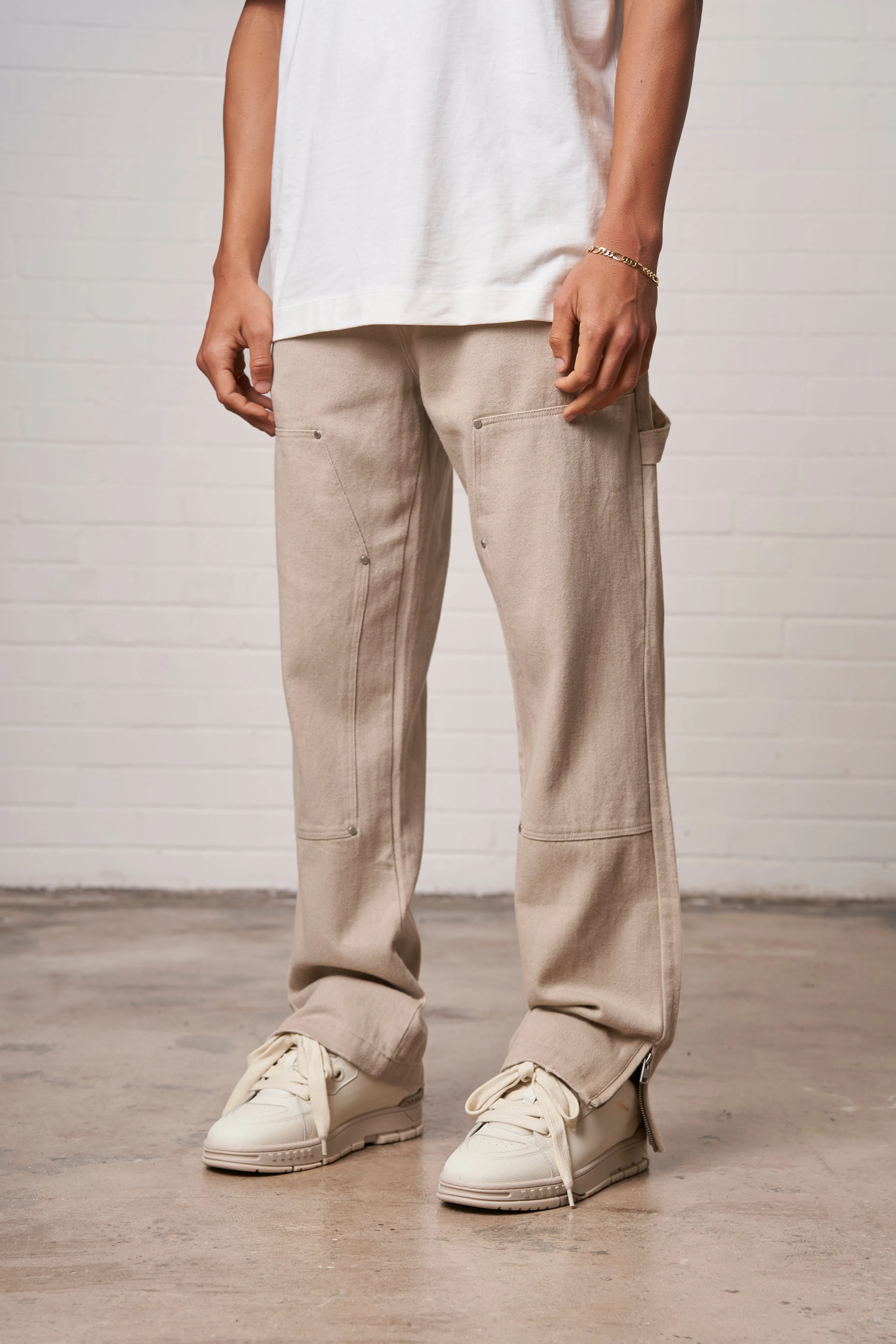 TWILL RIVET DETAIL CARPENTER PANT - BEIGE