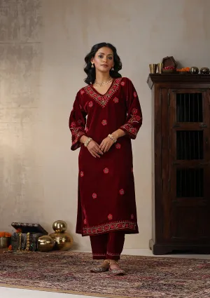 Velvet Chikankari Solid Women's 2 PC Long Kurta Set - Maroon